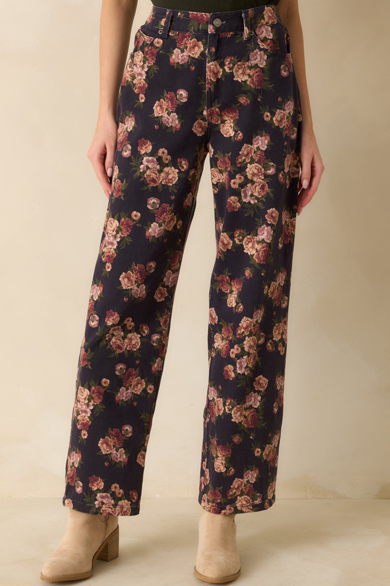 Step By Step Navy Floral Straight Leg Jeans