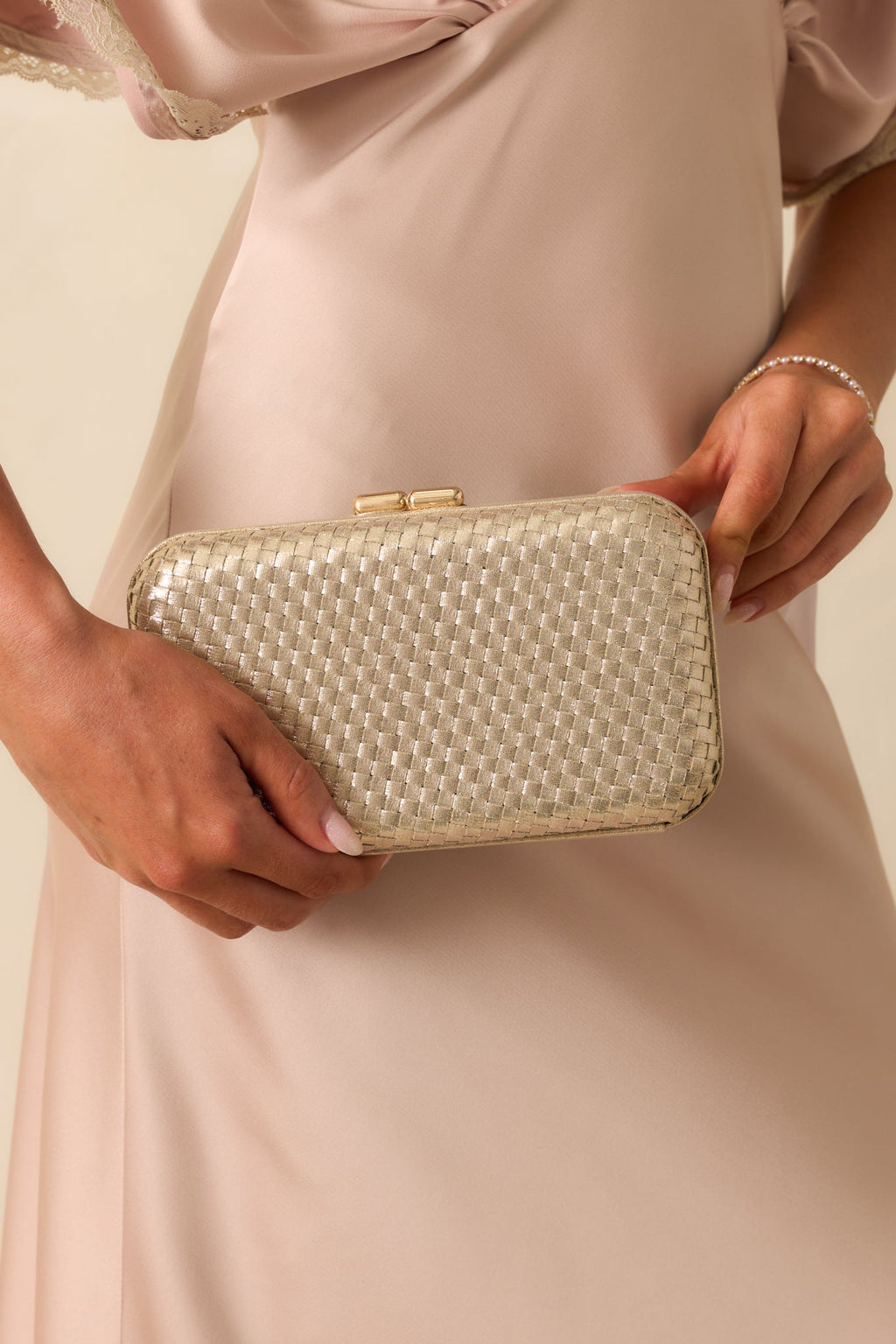 Truth Be Told Gold Metallic Woven Structured Clutch Handbag
