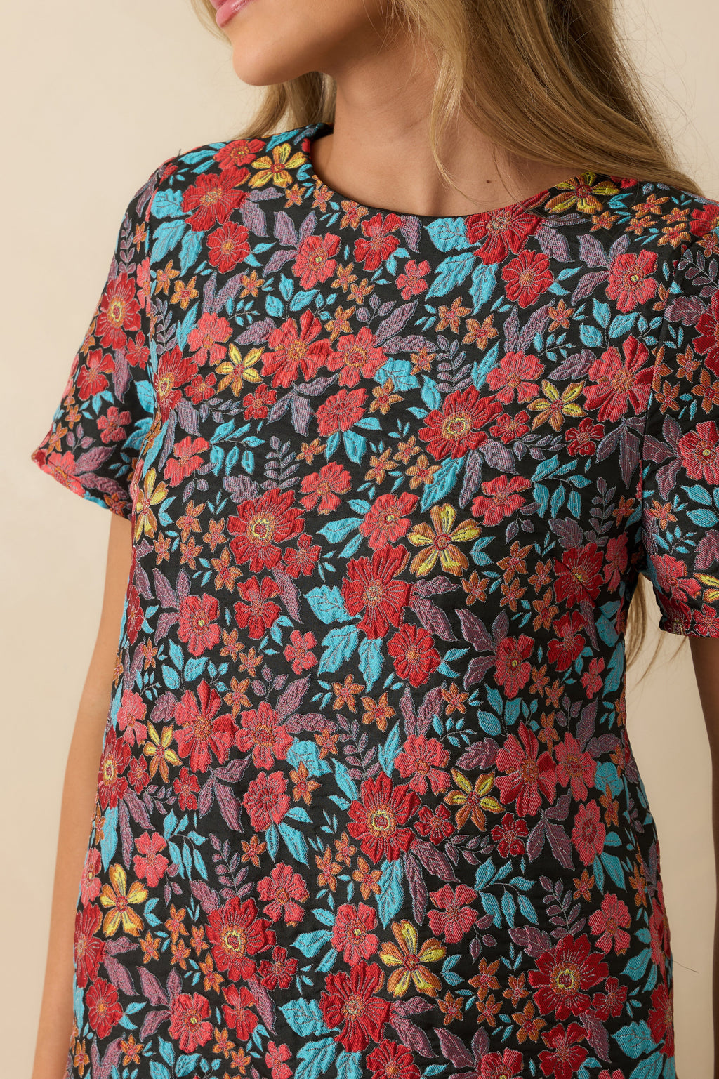 Full Bloom Ahead Black Multi Floral Jacquard Mini Dress