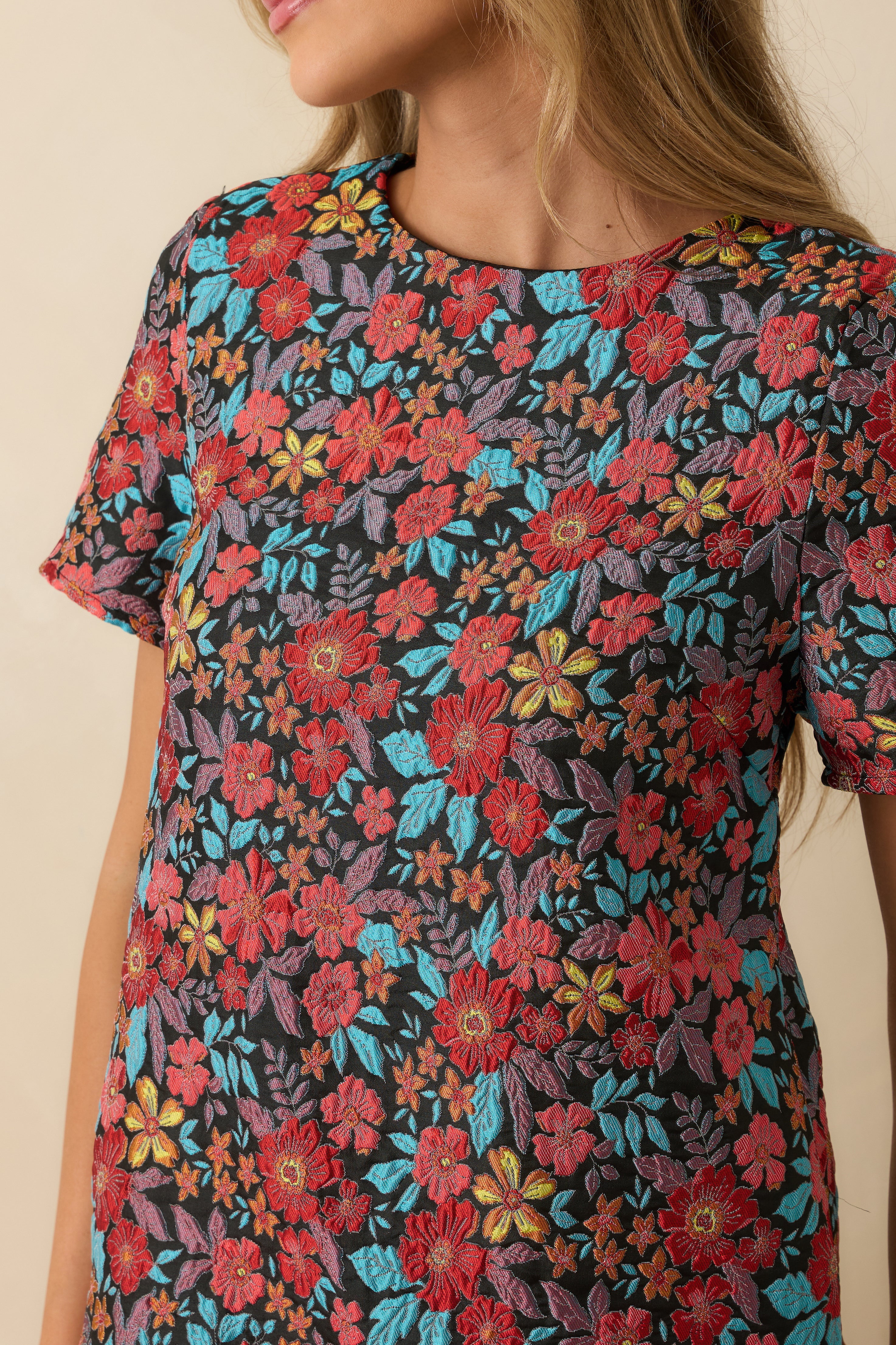 Full Bloom Ahead Black Multi Floral Jacquard Mini Dress