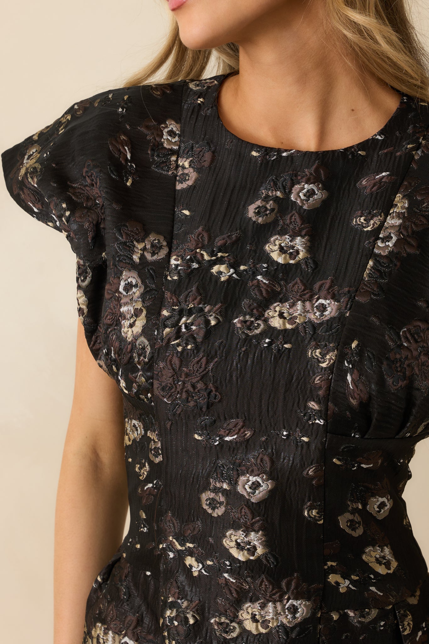 Evening Garden Soirée Black Metallic Floral Jacquard Mini Dress