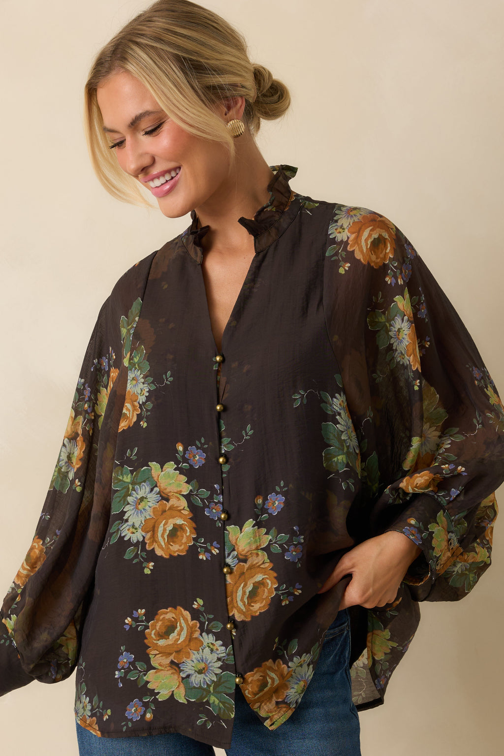 Sweet as Petals Brown Multi Floral Print Button Up Blouse