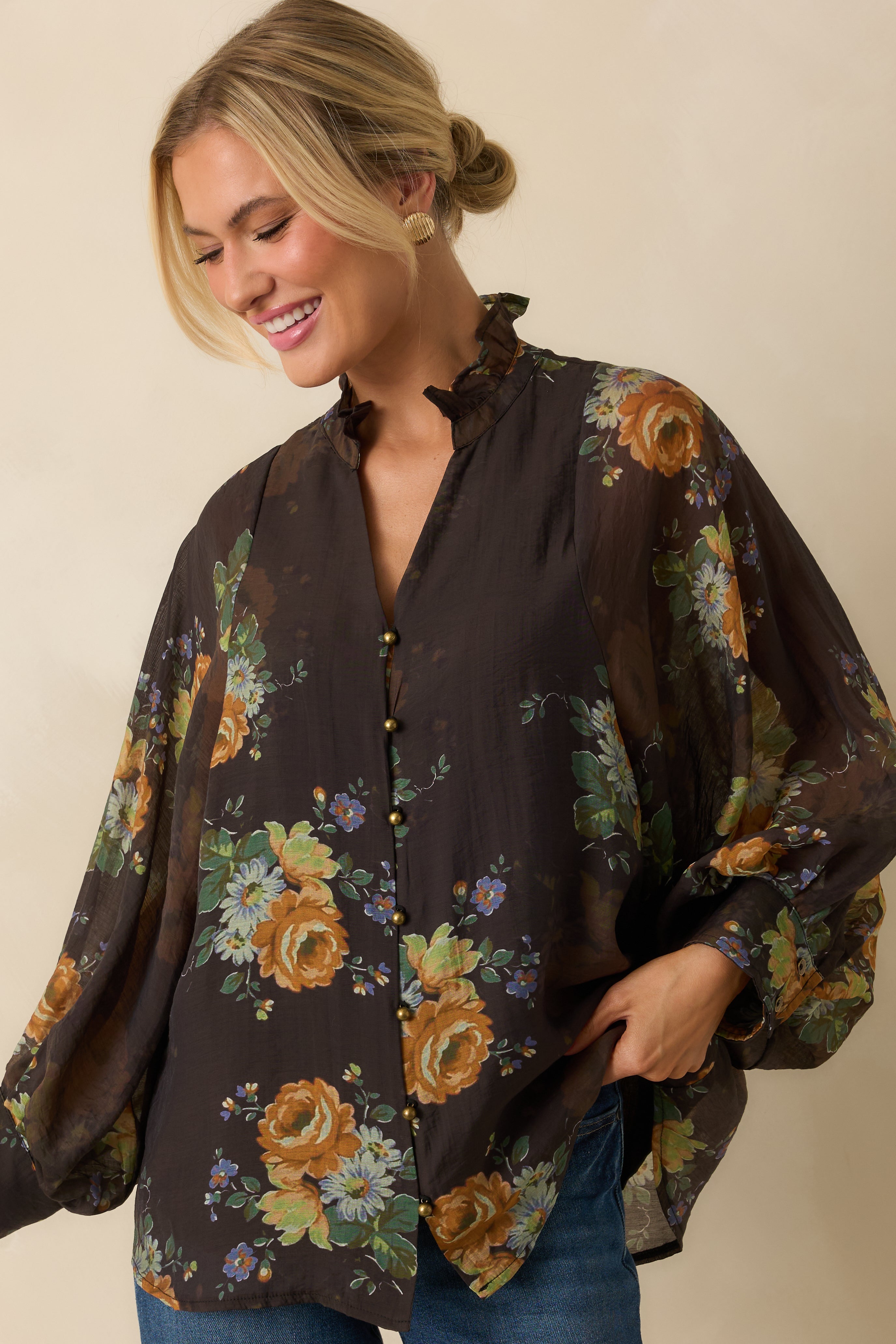 Sweet as Petals Brown Multi Floral Print Button Up Blouse