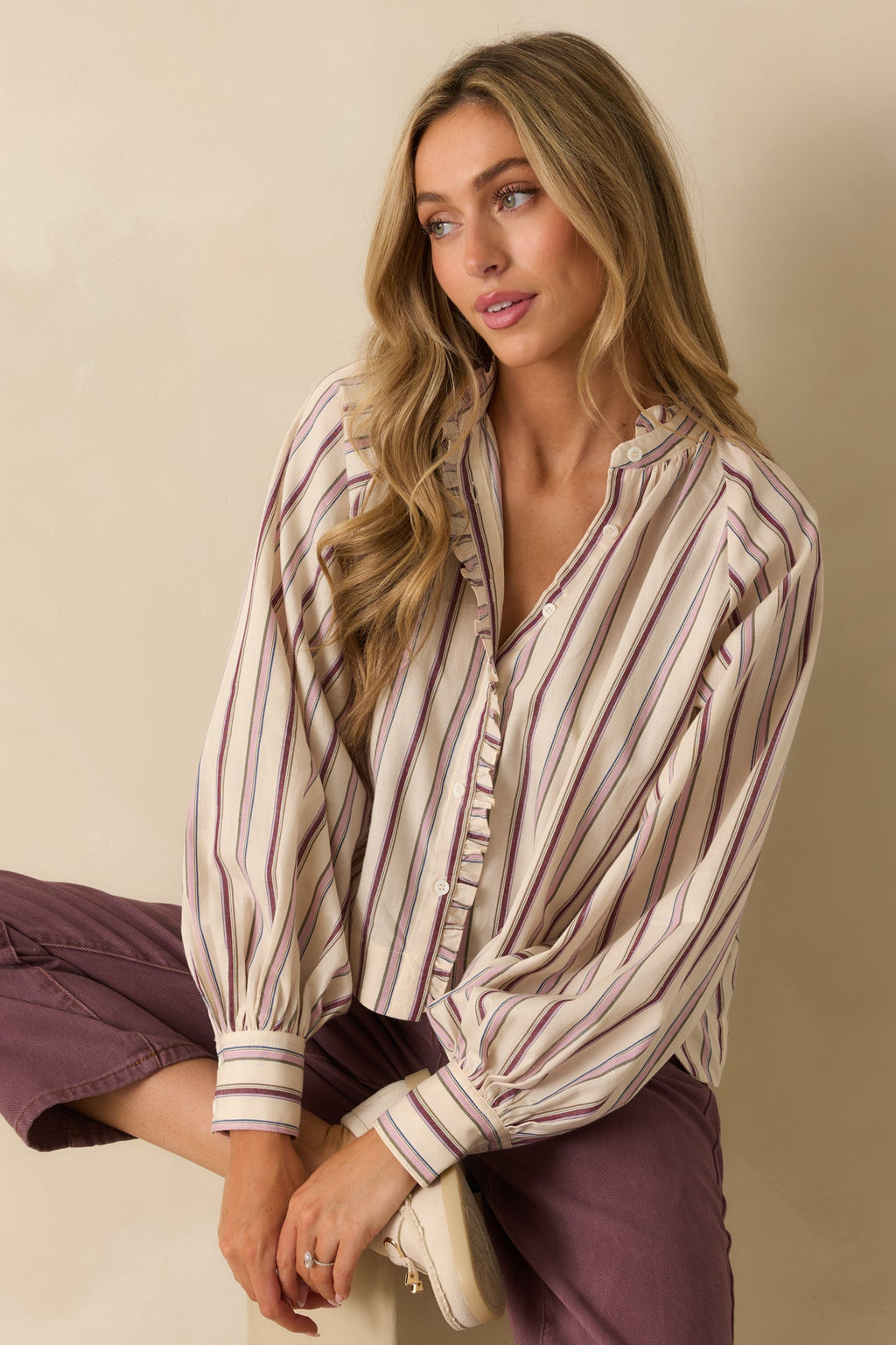 FRNCH Ivory & Lilac Striped Button Up Molly Shirt