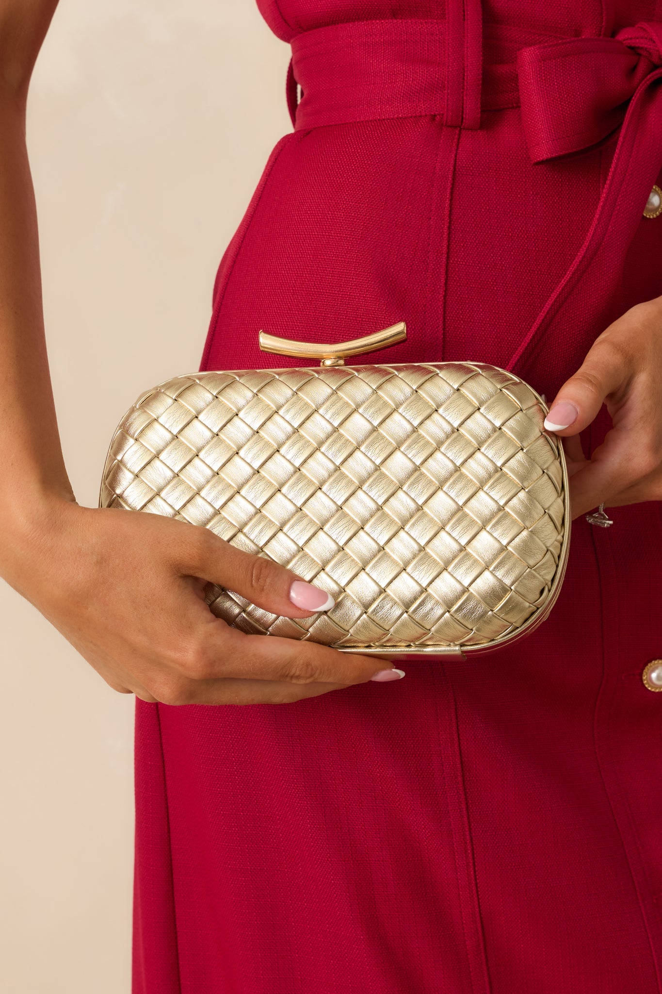 For Certain Gold Metallic Woven Faux Leather Clutch Handbag