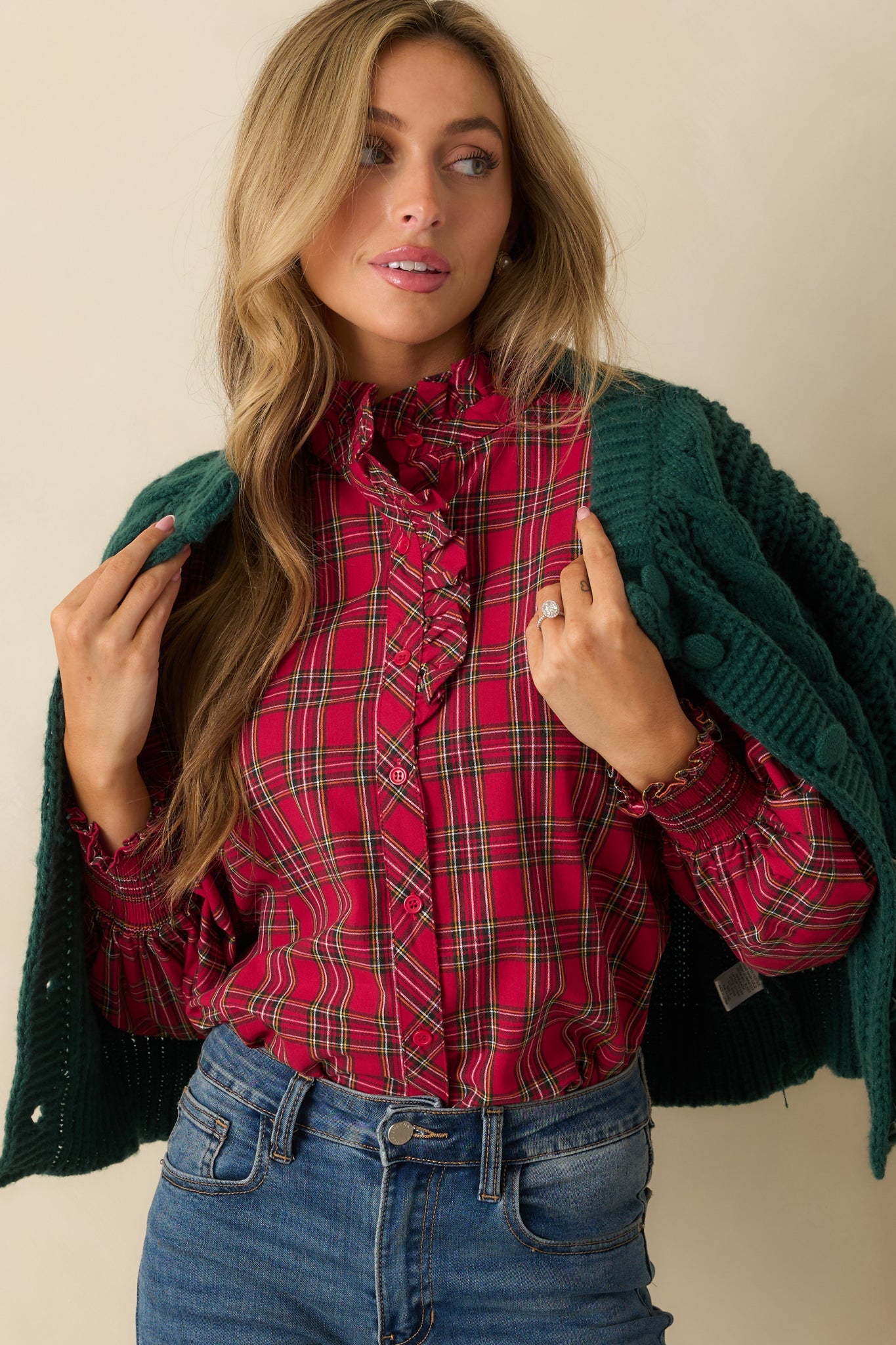Festive Feeling Red Plaid Cotton Ruffle Neck Button Up Blouse