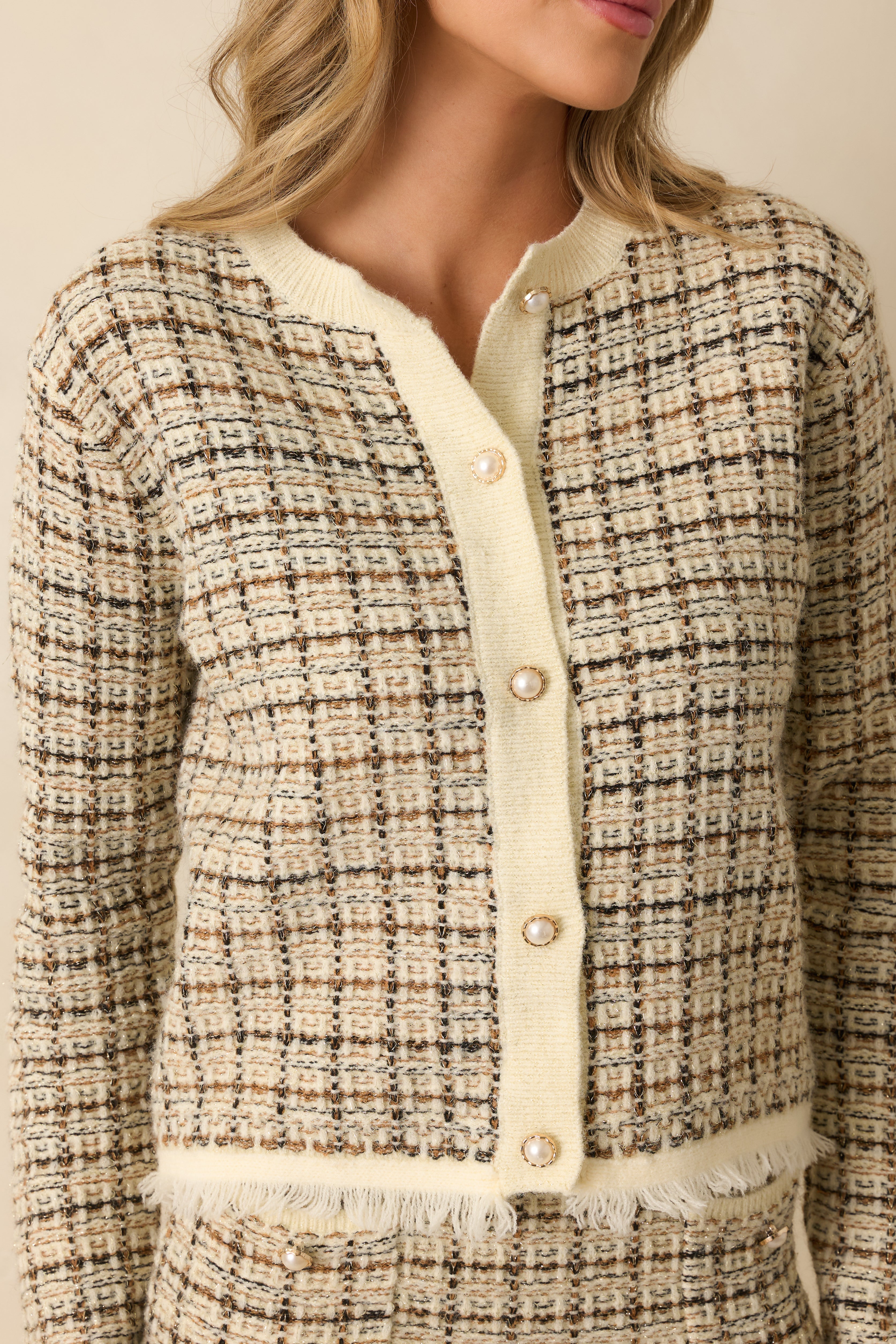 A Thoughtful Touch Ivory Plaid Pattern Knit Cardigan