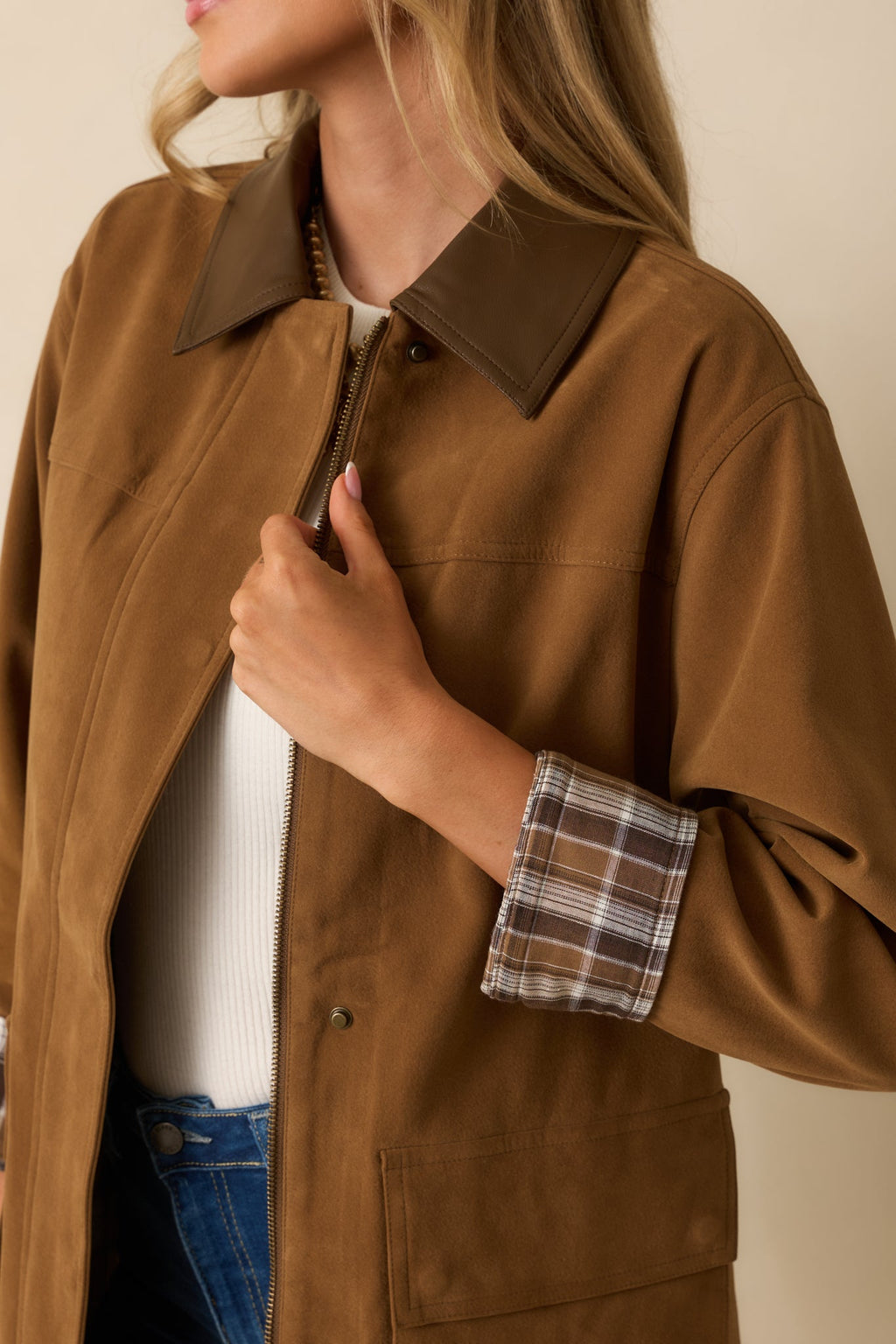 Here If You Need Camel Brown Faux Suede Barn Jacket