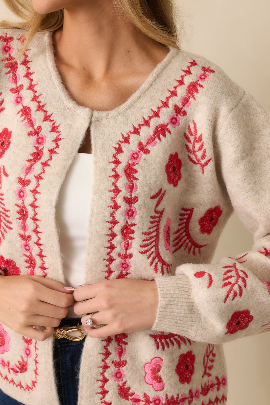 Carefully Considered Oatmeal Floral Embroidered Single Clasp Cardigan