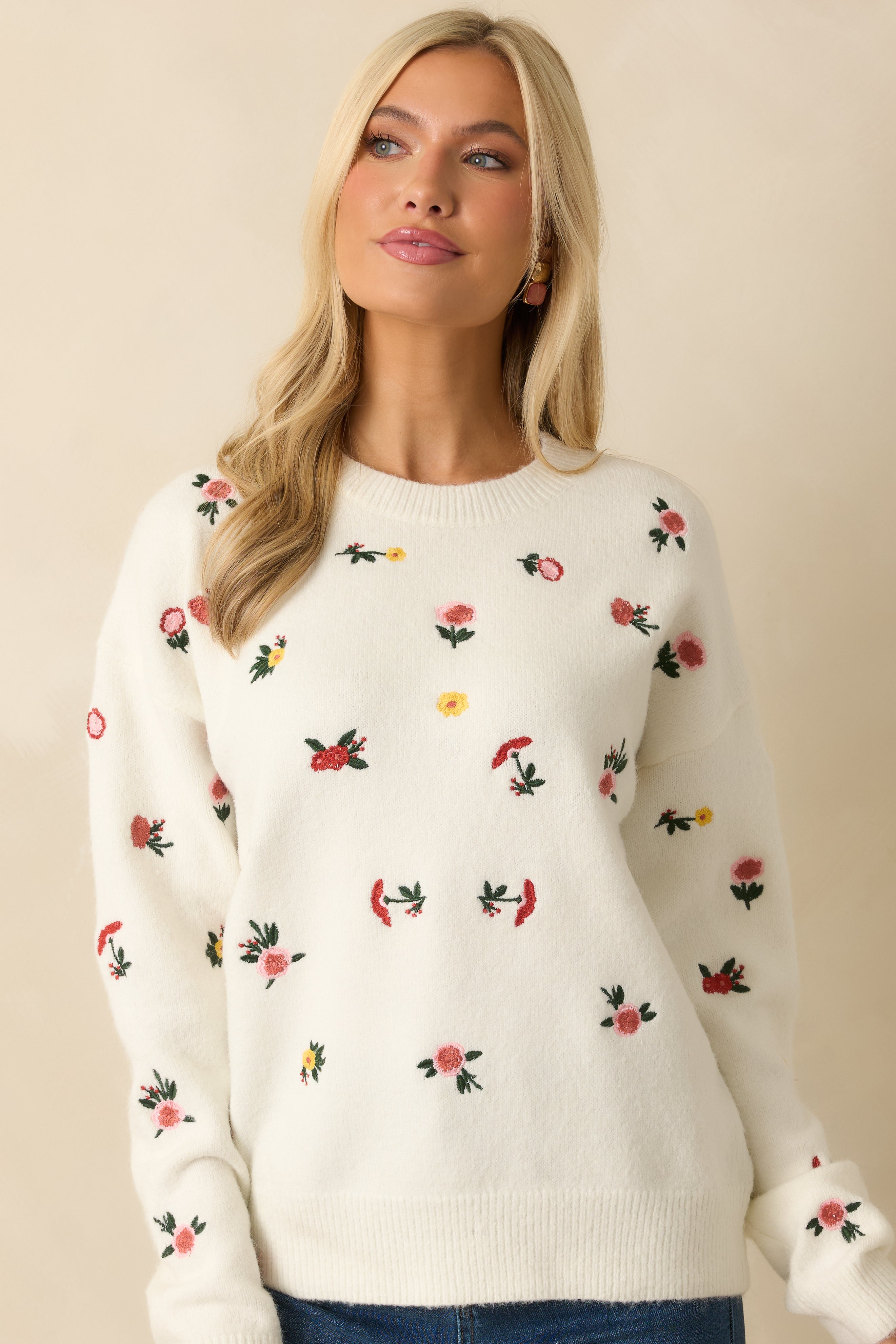Naturally Yours White Multi Floral Embroidered Knit Sweater