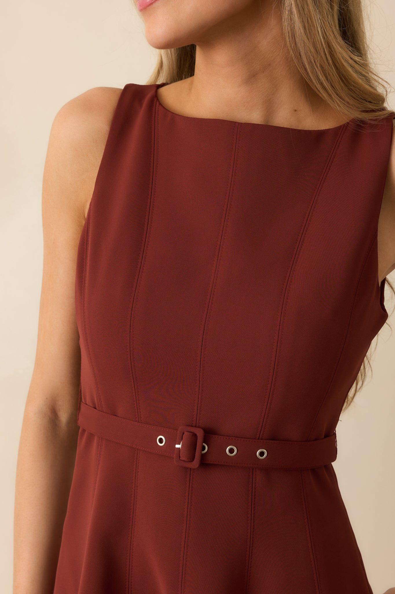 Timely Matter Dark Rust Red Belted Sleeveless Midi Dress