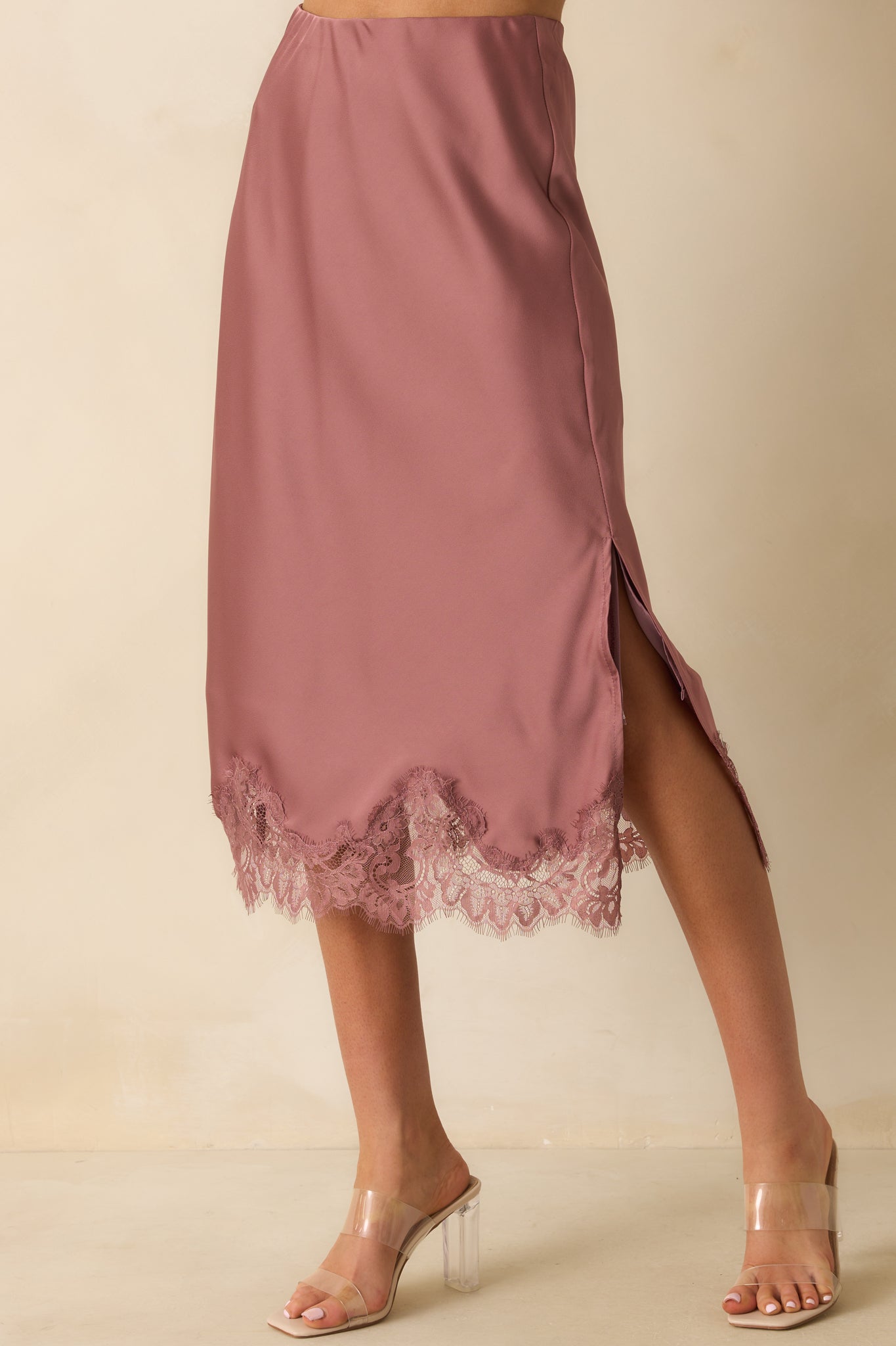 Just Call Me Later Rose Pink Satin Lace Trim Midi Skirt