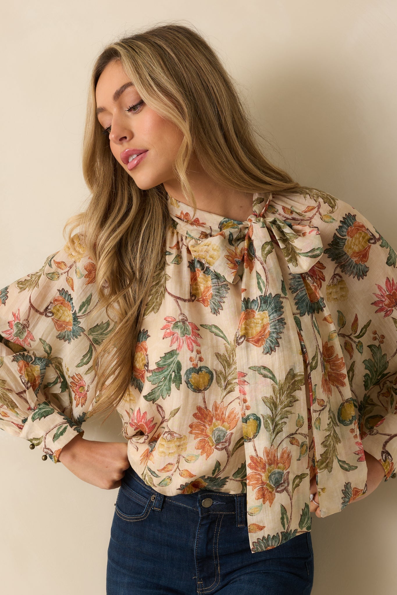 Fields of Grace Beige Multi Floral Print Cotton Bow Blouse