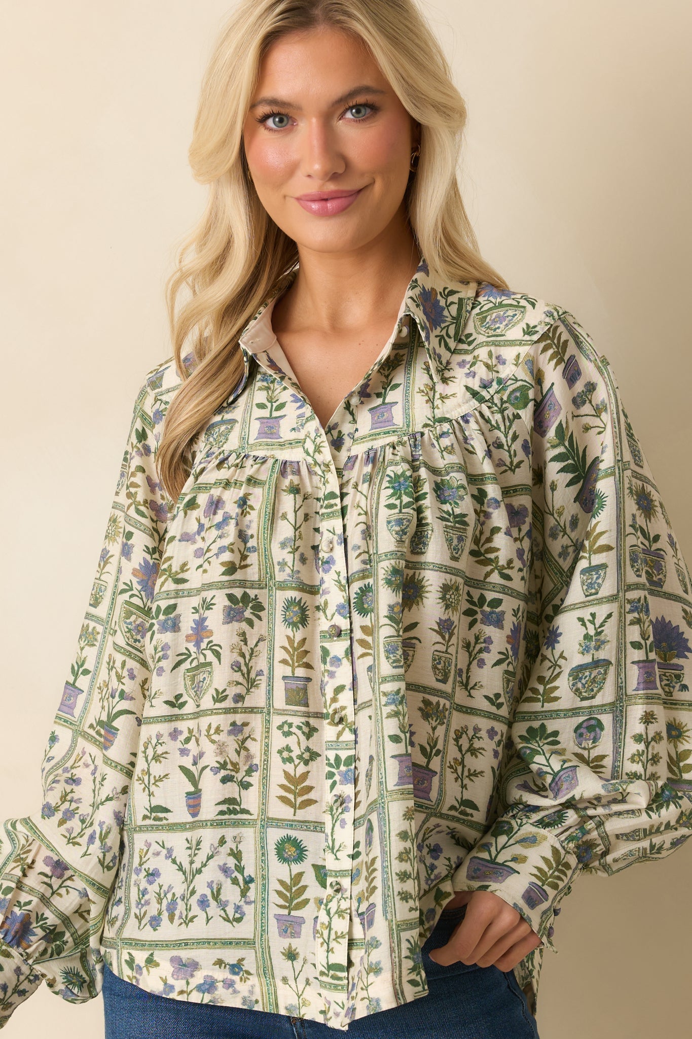 All Set Then Green Multi Floral Print Linen Blend Button Up Blouse