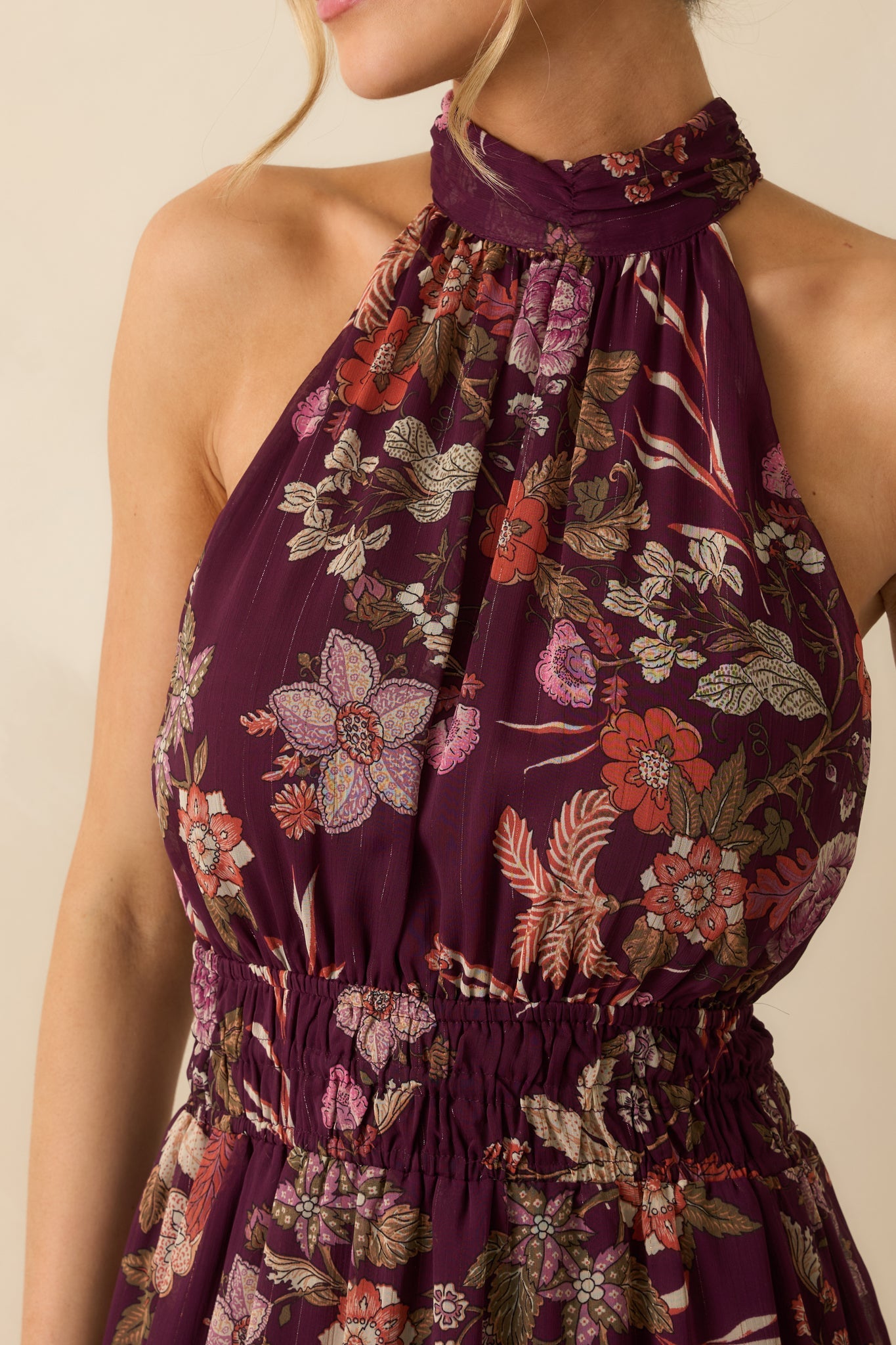 Flirt With Flora Berry Purple Multi Floral Print Halter Maxi Dress