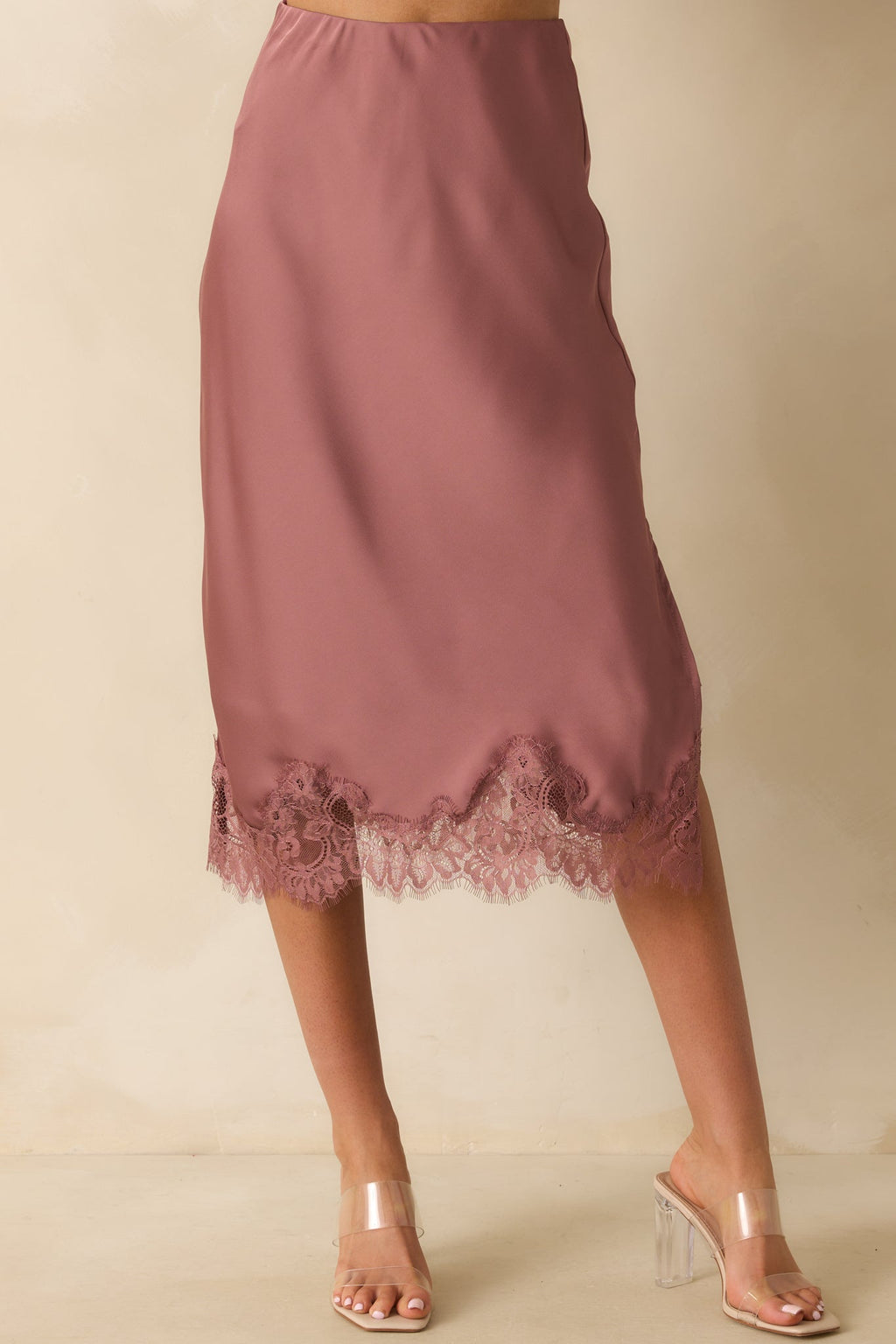 Just Call Me Later Rose Pink Satin Lace Trim Midi Skirt