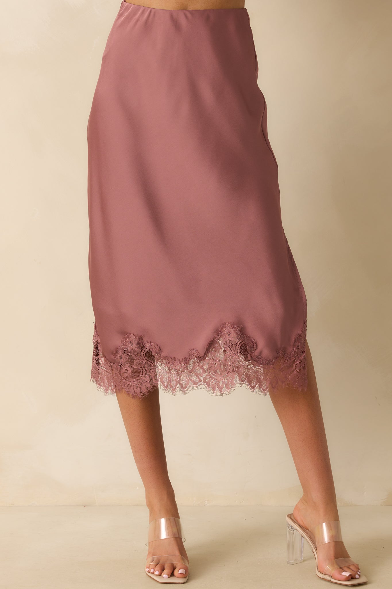 Just Call Me Later Rose Pink Satin Lace Trim Midi Skirt