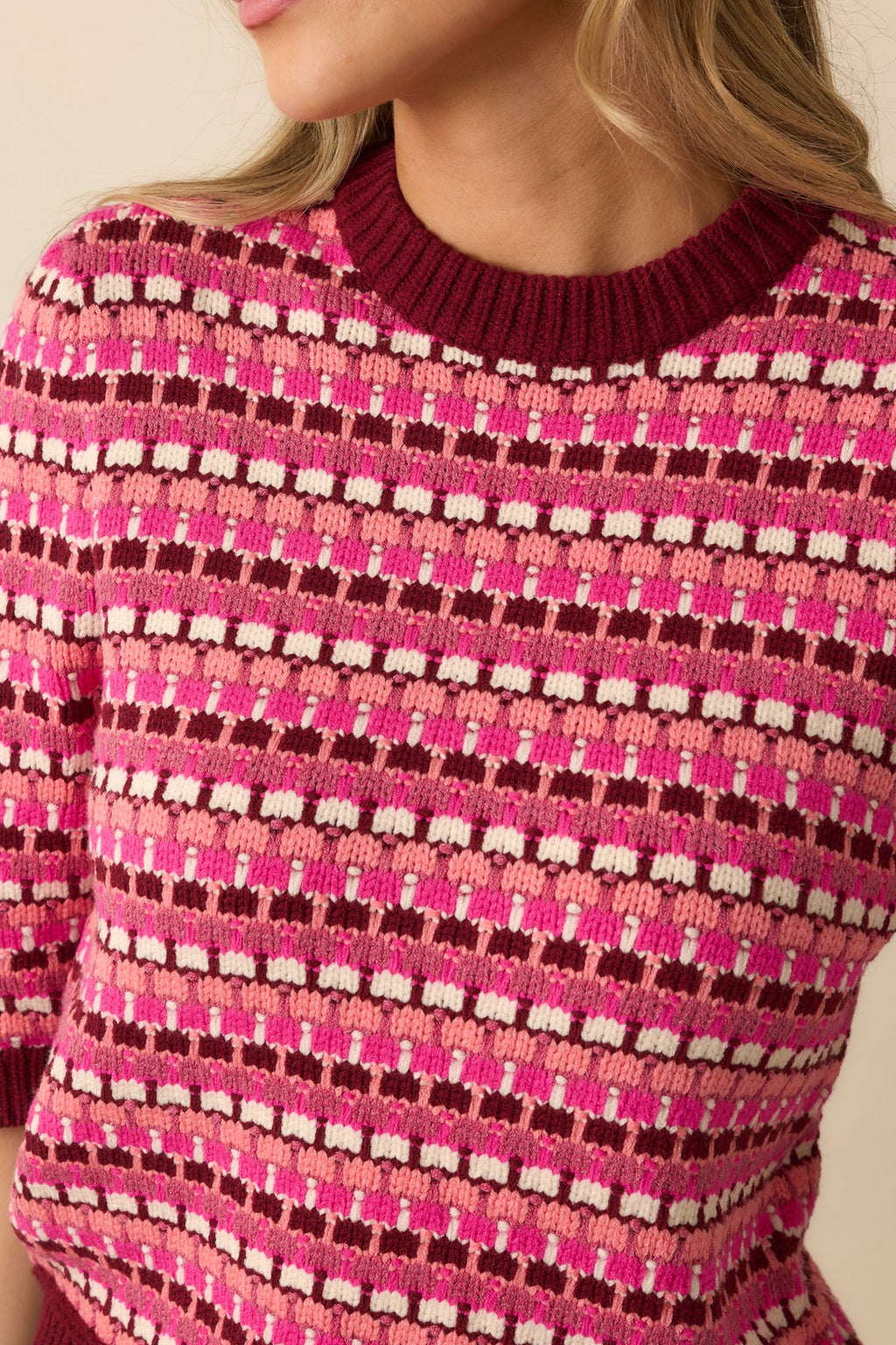 Choosing Cheerful Pink Multi Knit Striped 3/4 Sleeve Sweater