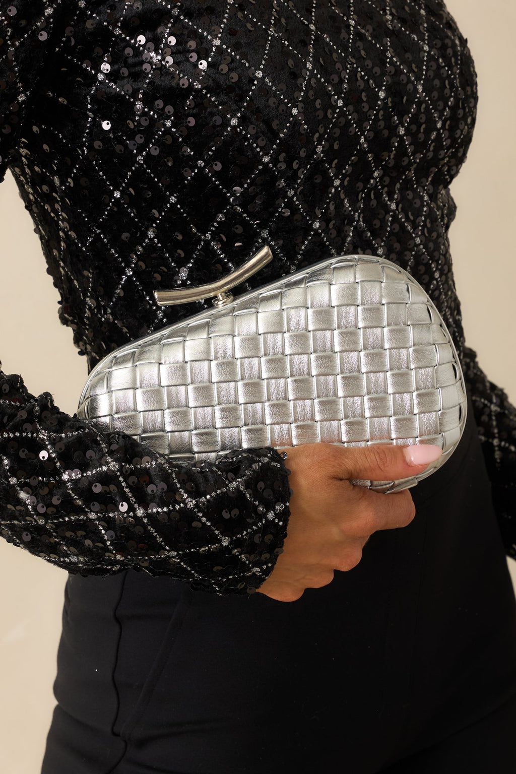 For Certain Silver Metallic Woven Faux Leather Clutch Handbag