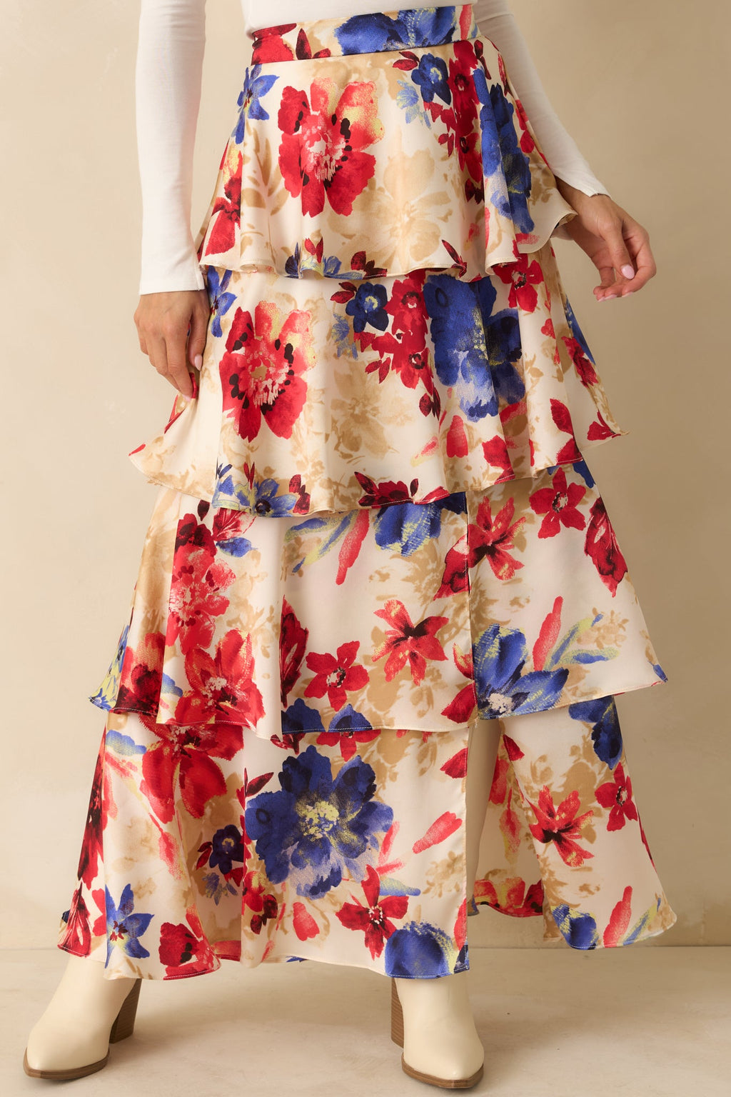 Flourish and Flow Ivory & Red Multi Floral Print Tiered Maxi Skirt