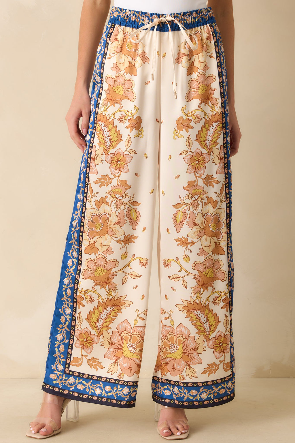 Held Her Ground Ivory Multi Floral Print Wide Leg Satin Pants