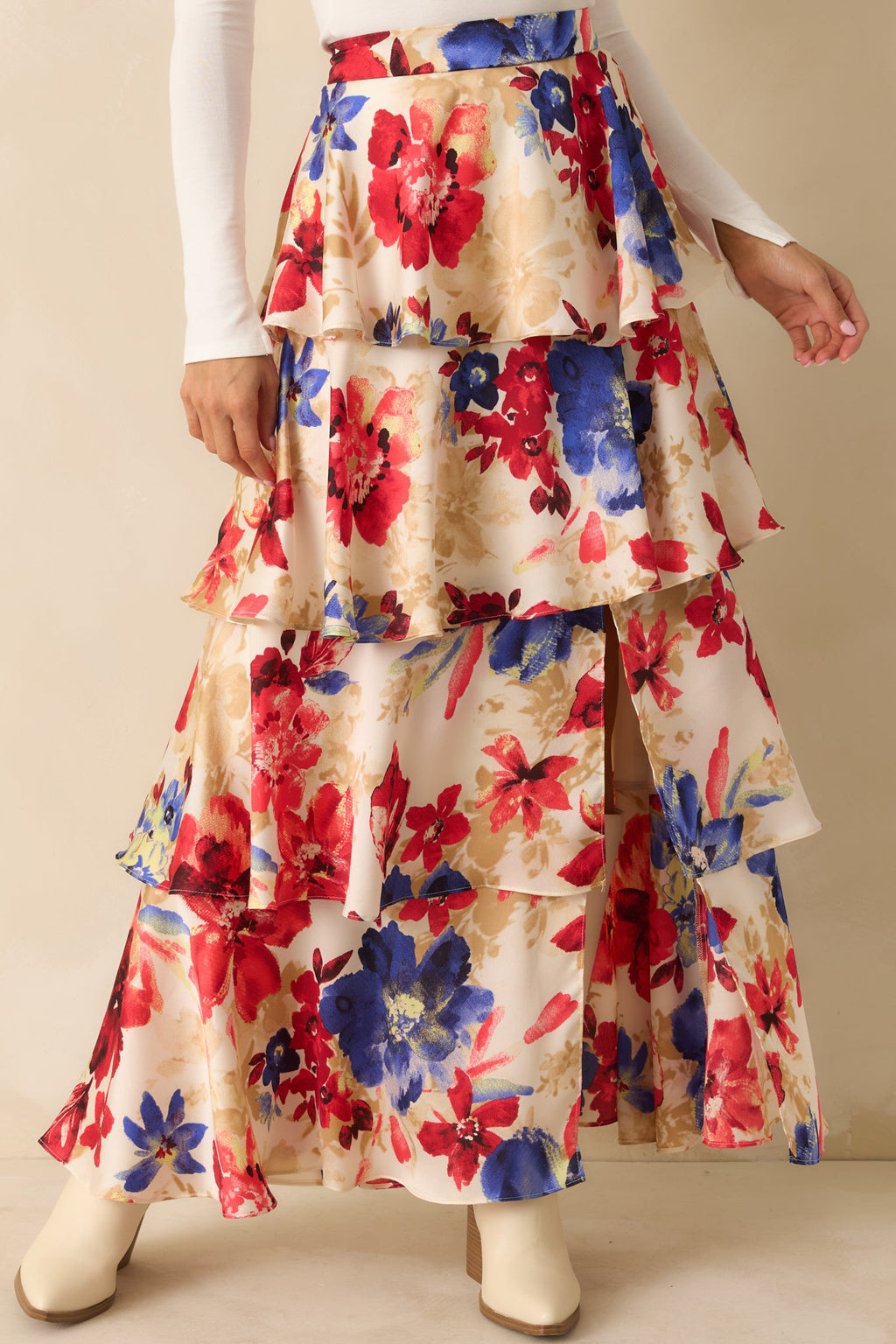 Flourish and Flow Ivory & Red Multi Floral Print Tiered Maxi Skirt