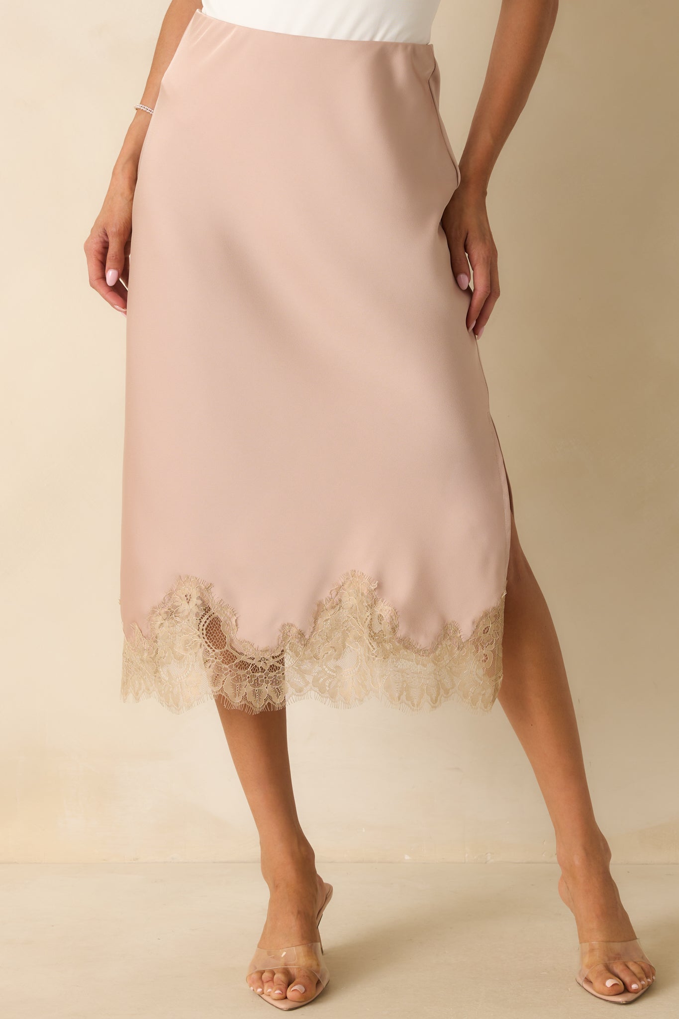 Just Call Me Later Dusty Pink Satin Lace Trim Midi Skirt