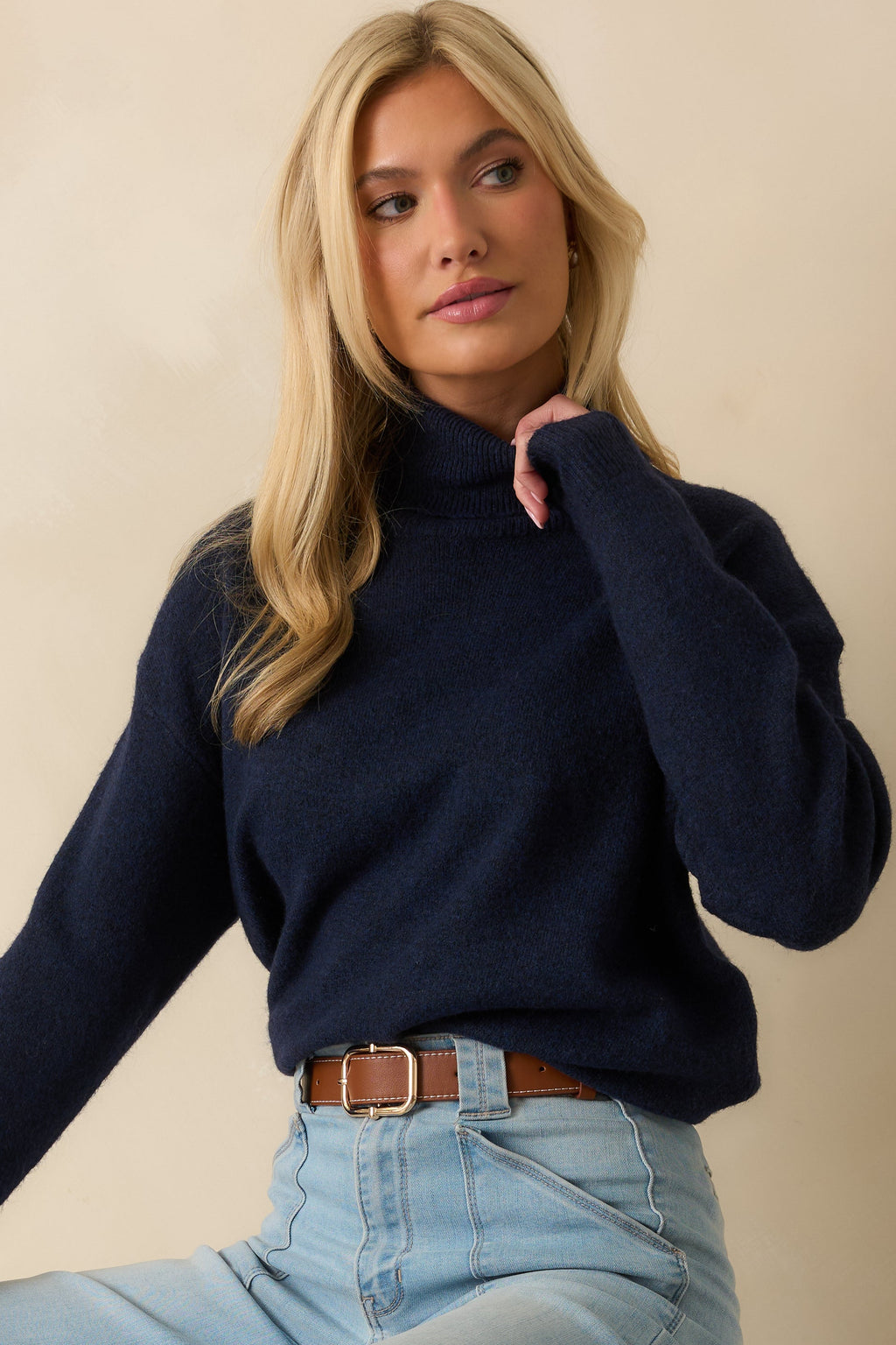 For The Best Navy Knit Long Sleeve Turtleneck Sweater