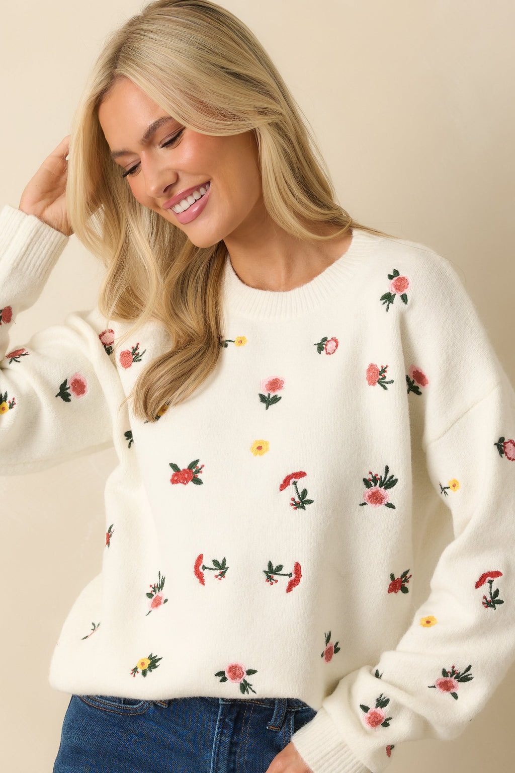Naturally Yours White Multi Floral Embroidered Knit Sweater