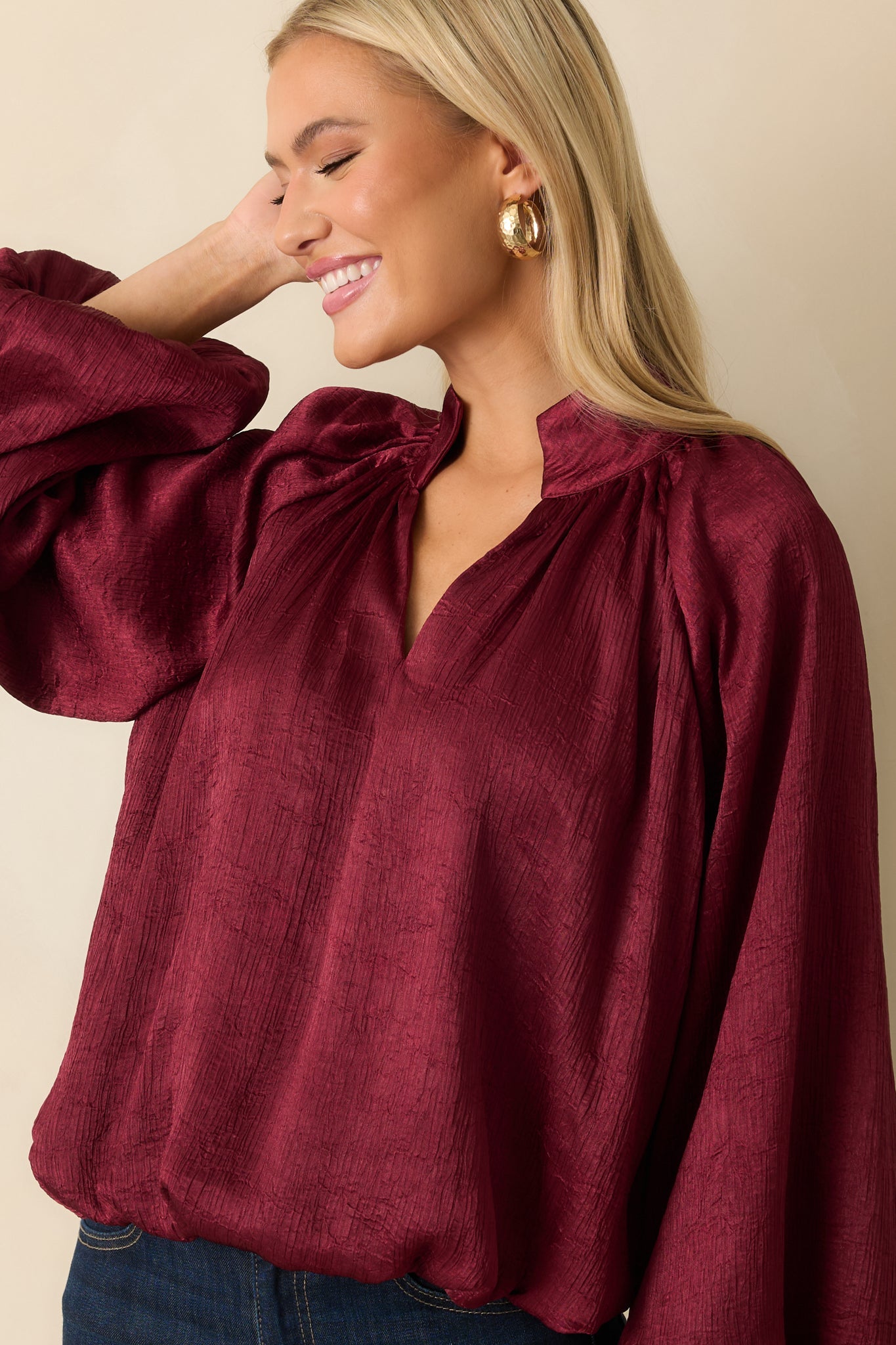 Promise Me This Burgundy Satin V-Neck Peasant Sleeve Top