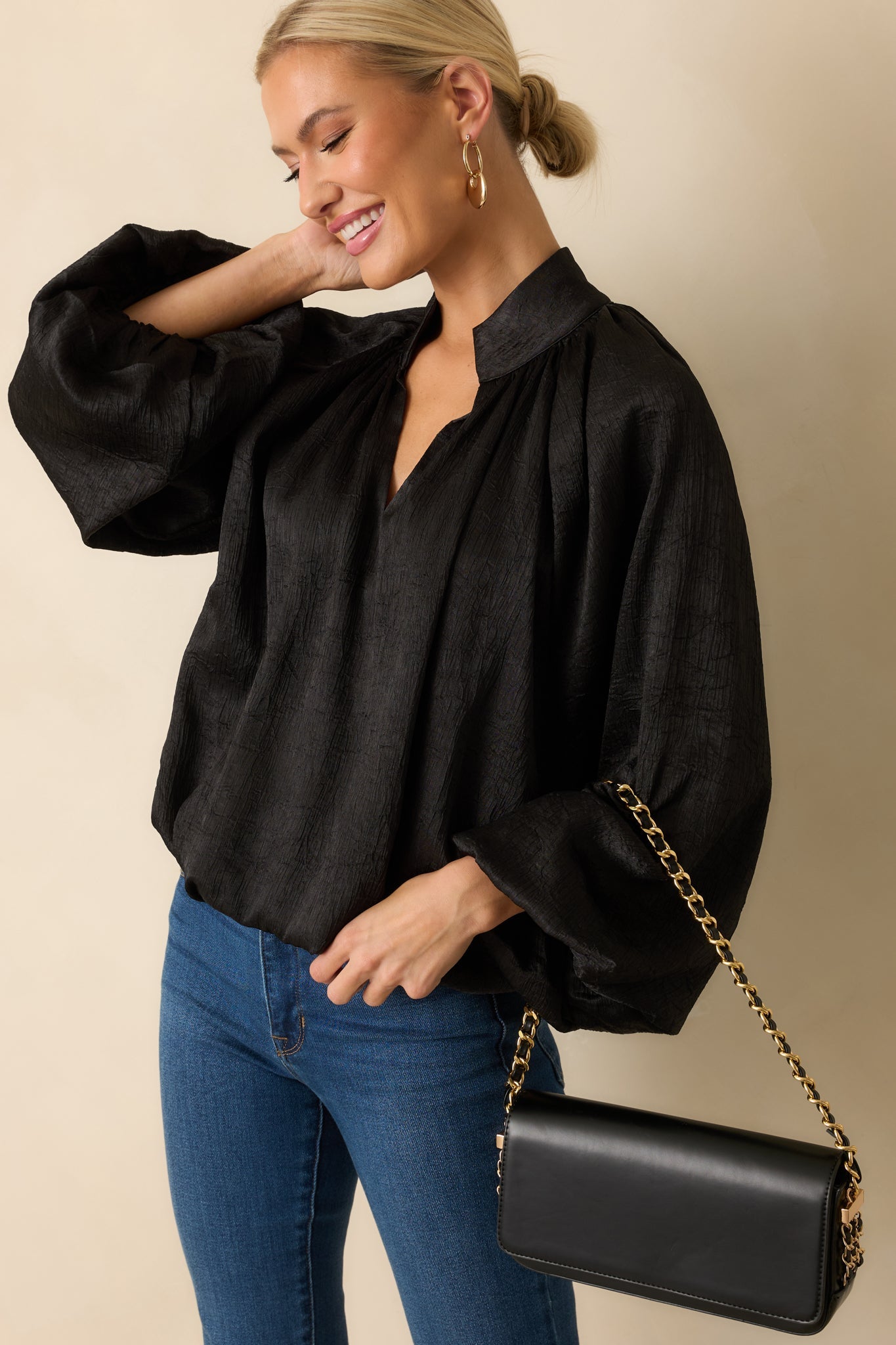 Promise Me This Black Satin V-Neck Peasant Sleeve Top