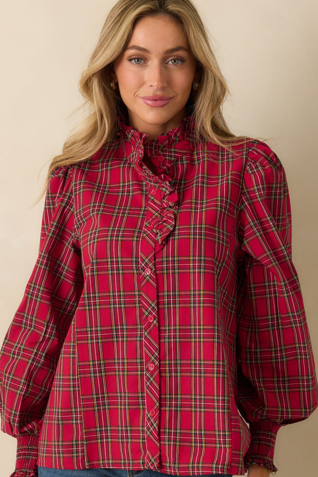 Festive Feeling Red Plaid Cotton Ruffle Neck Button Up Blouse