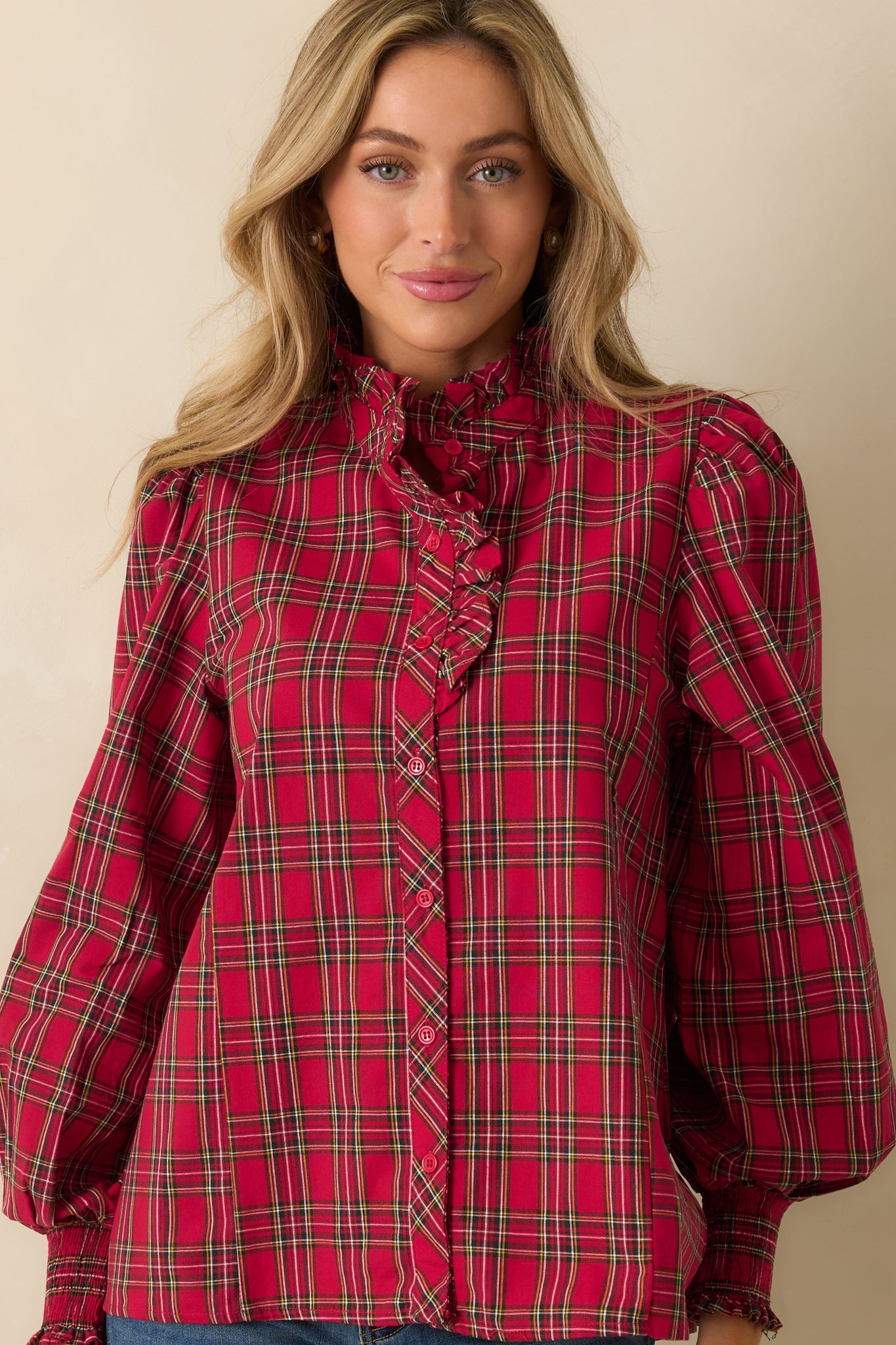 Festive Feeling Red Plaid Cotton Ruffle Neck Button Up Blouse