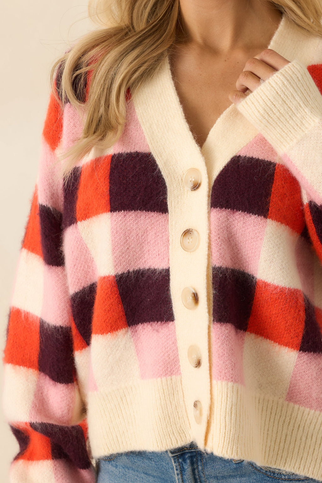 FRNCH Viola Pink Multi Knit Checked Cardigan