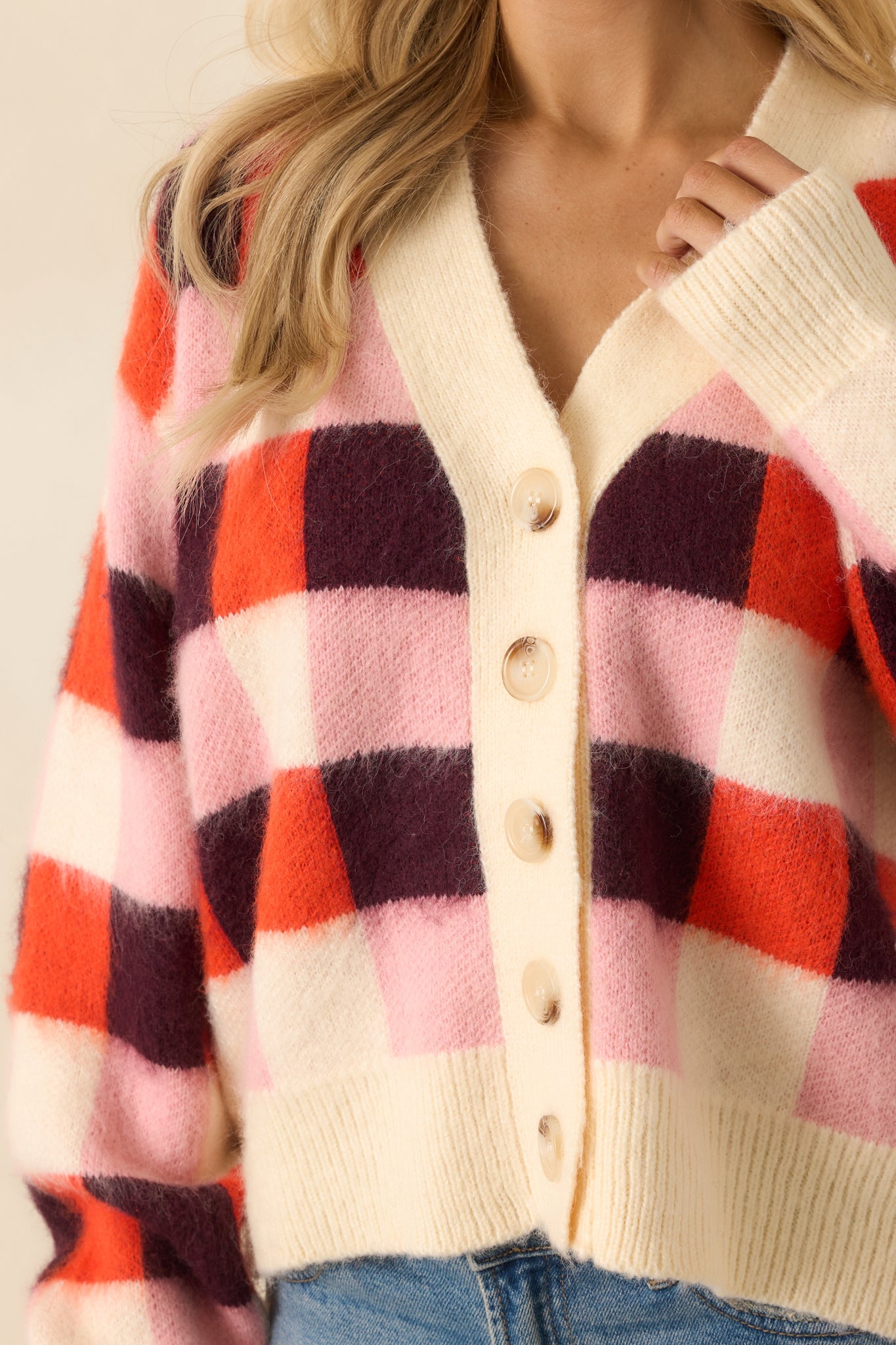 FRNCH Viola Pink Multi Knit Checked Cardigan