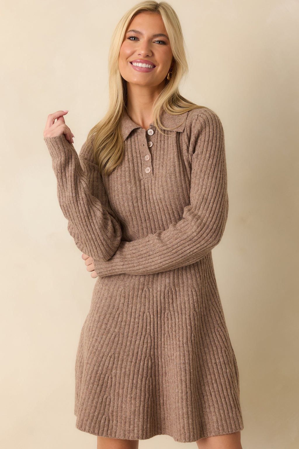 Feels Like Now Mocha Brown Ribbed Knit Sweater Mini Dress