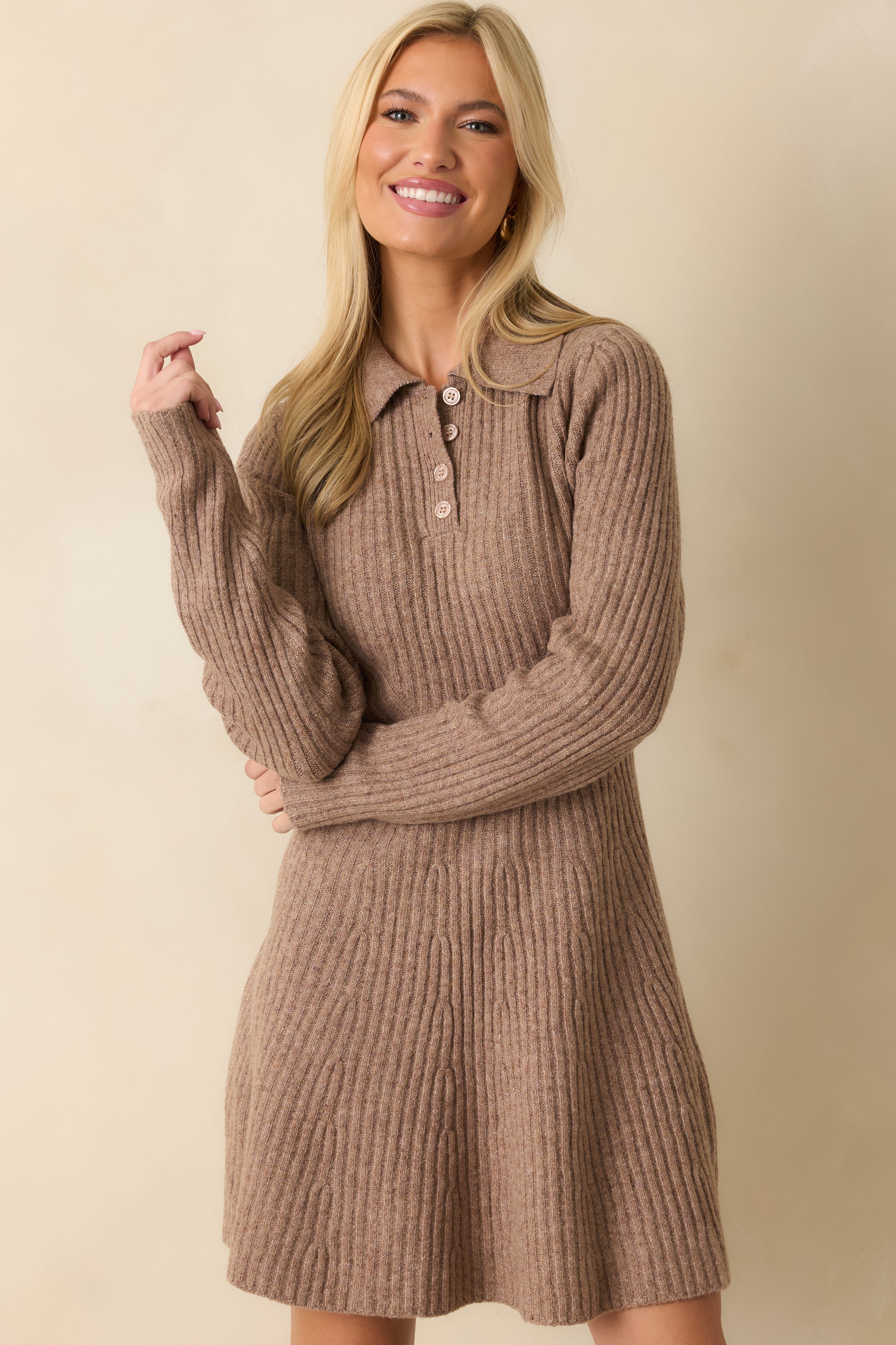 Feels Like Now Mocha Brown Ribbed Knit Sweater Mini Dress
