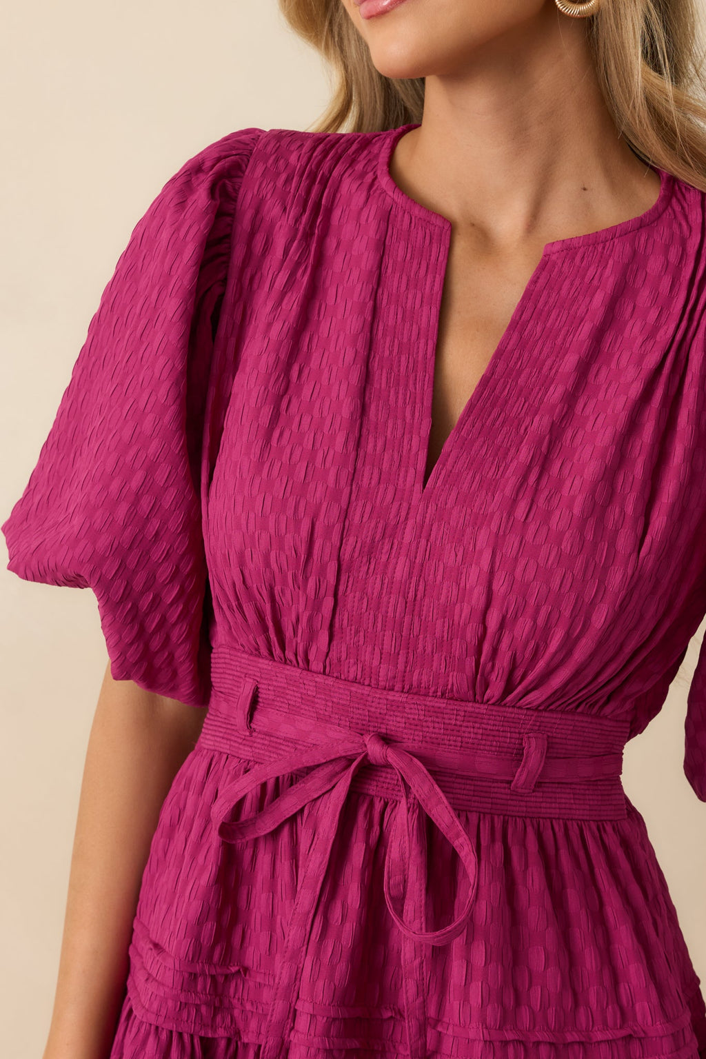 Sweetest Thing Yet Magenta Pink Textured Woven Pleated Midi Dress