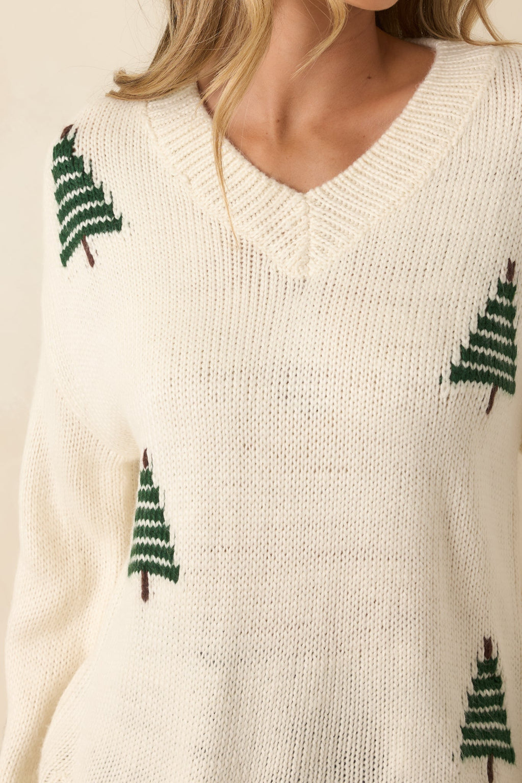 Pining For Cozy Ivory Knit Pine Tree V-Neck Sweater