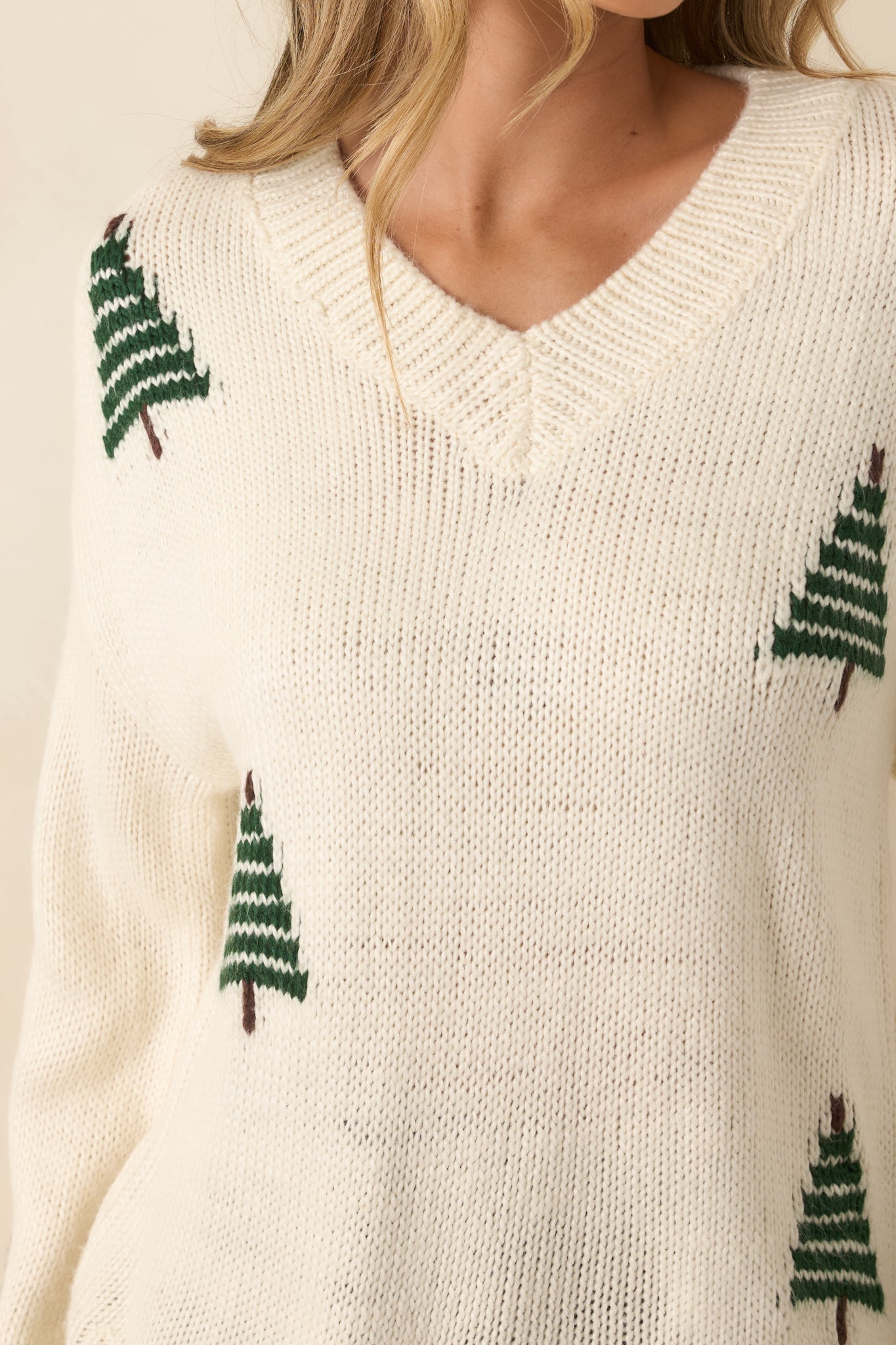 Pining For Cozy Ivory Knit Pine Tree V-Neck Sweater