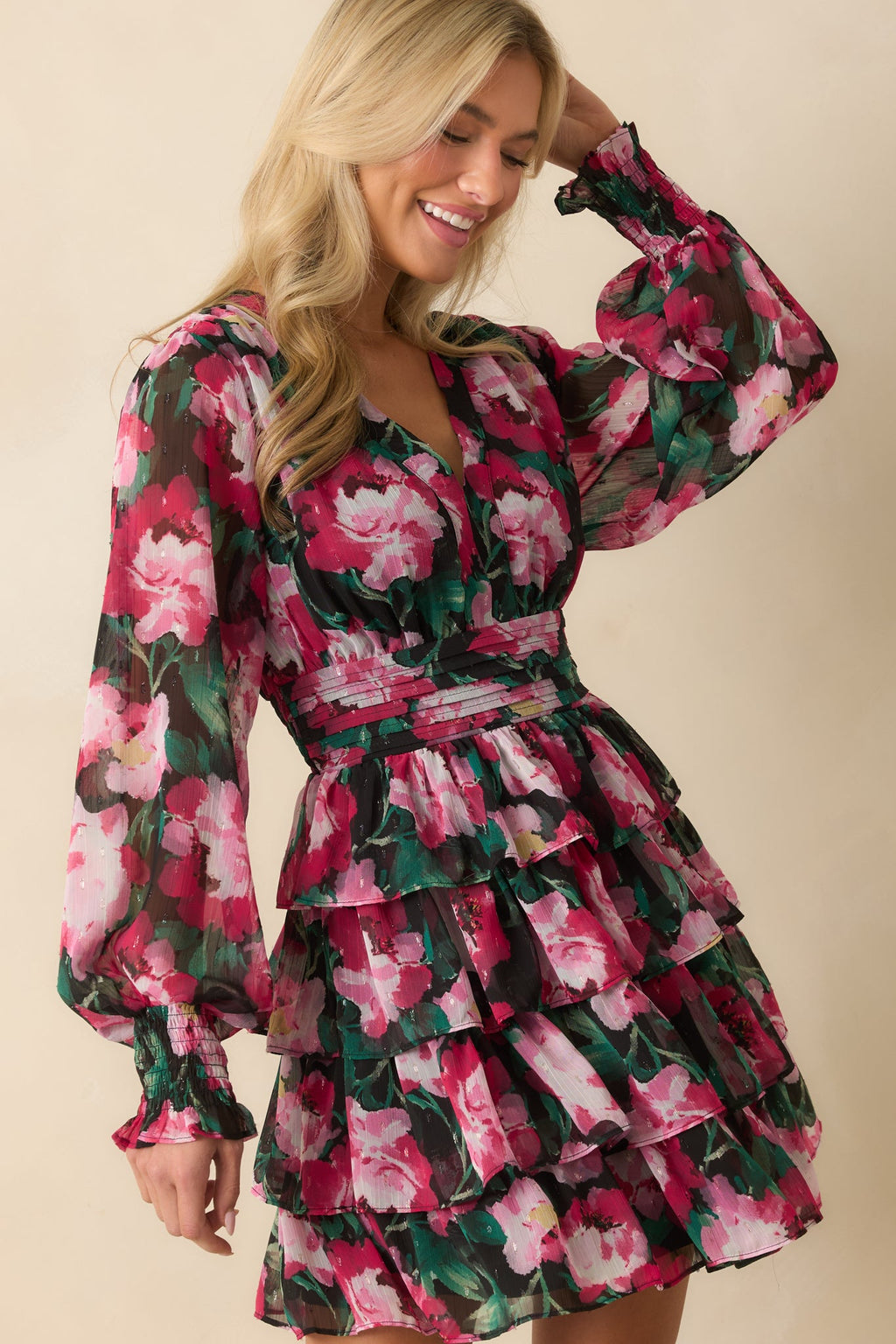 Let's Be Real Pink Floral Print Chiffon Tiered Mini Dress