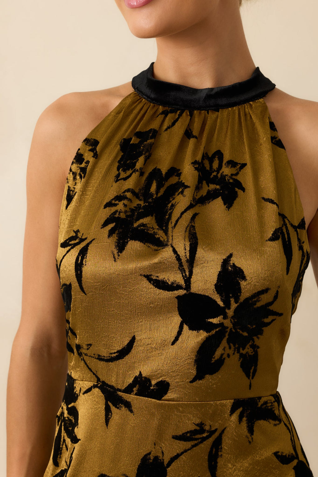 Sweet Recollection Dark Gold Floral Satin Maxi Dress