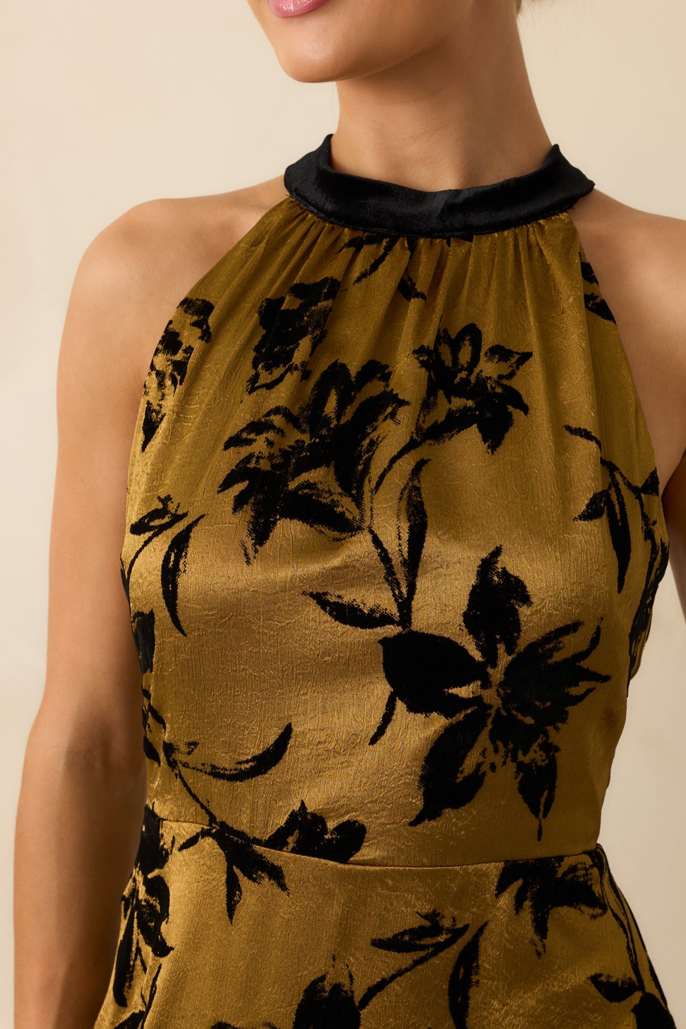 Sweet Recollection Dark Gold Floral Satin Maxi Dress