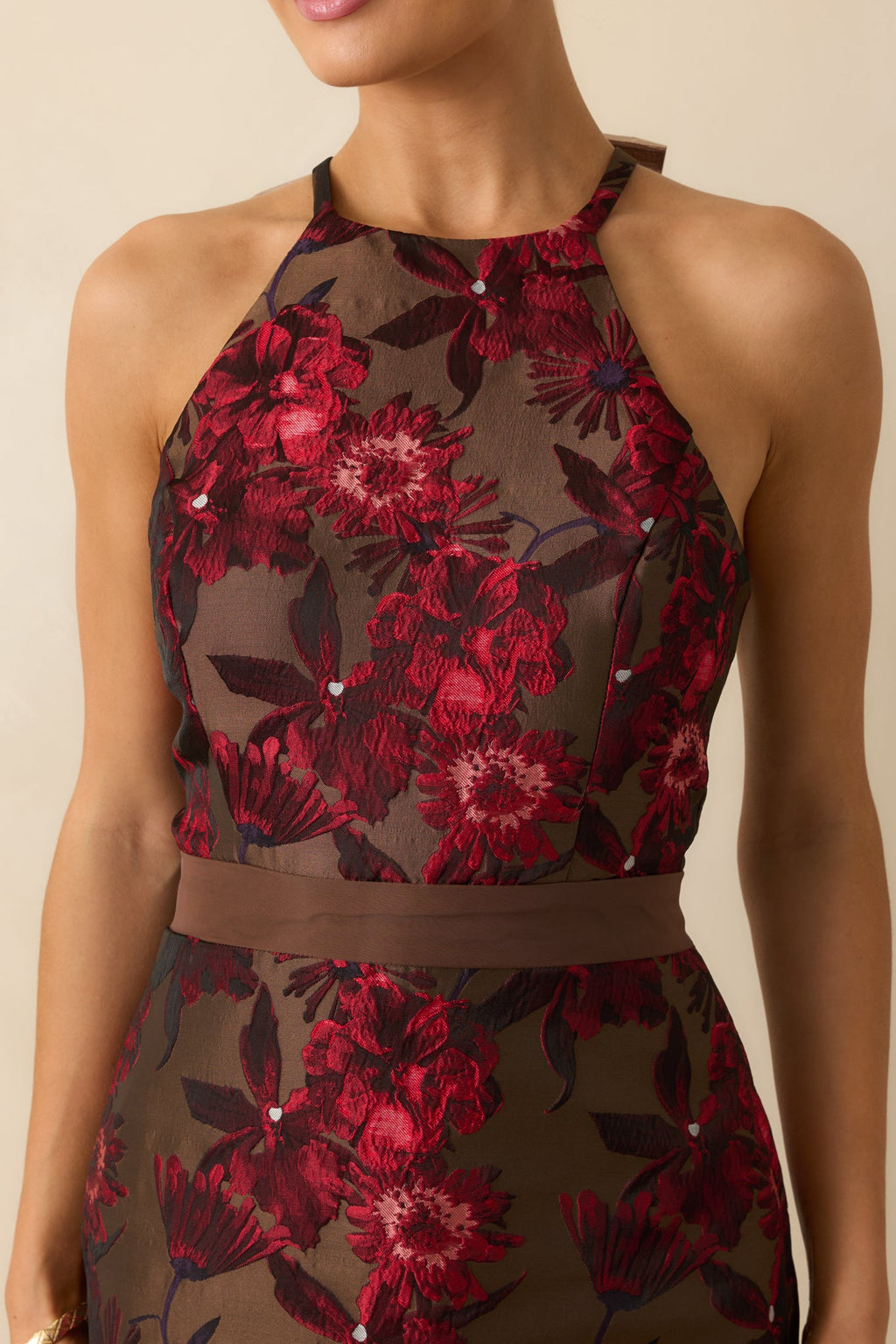 For the Storyline Mocha Brown Multi Floral Jacquard Maxi Dress