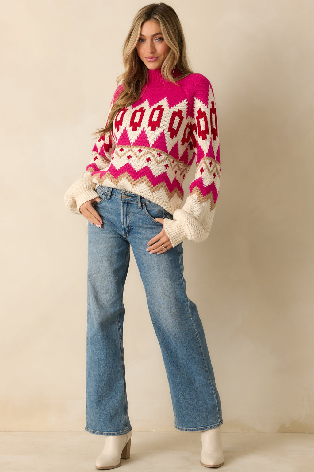The Art of Warmth Fuchsia Pink Multi Knit Pattered Sweater