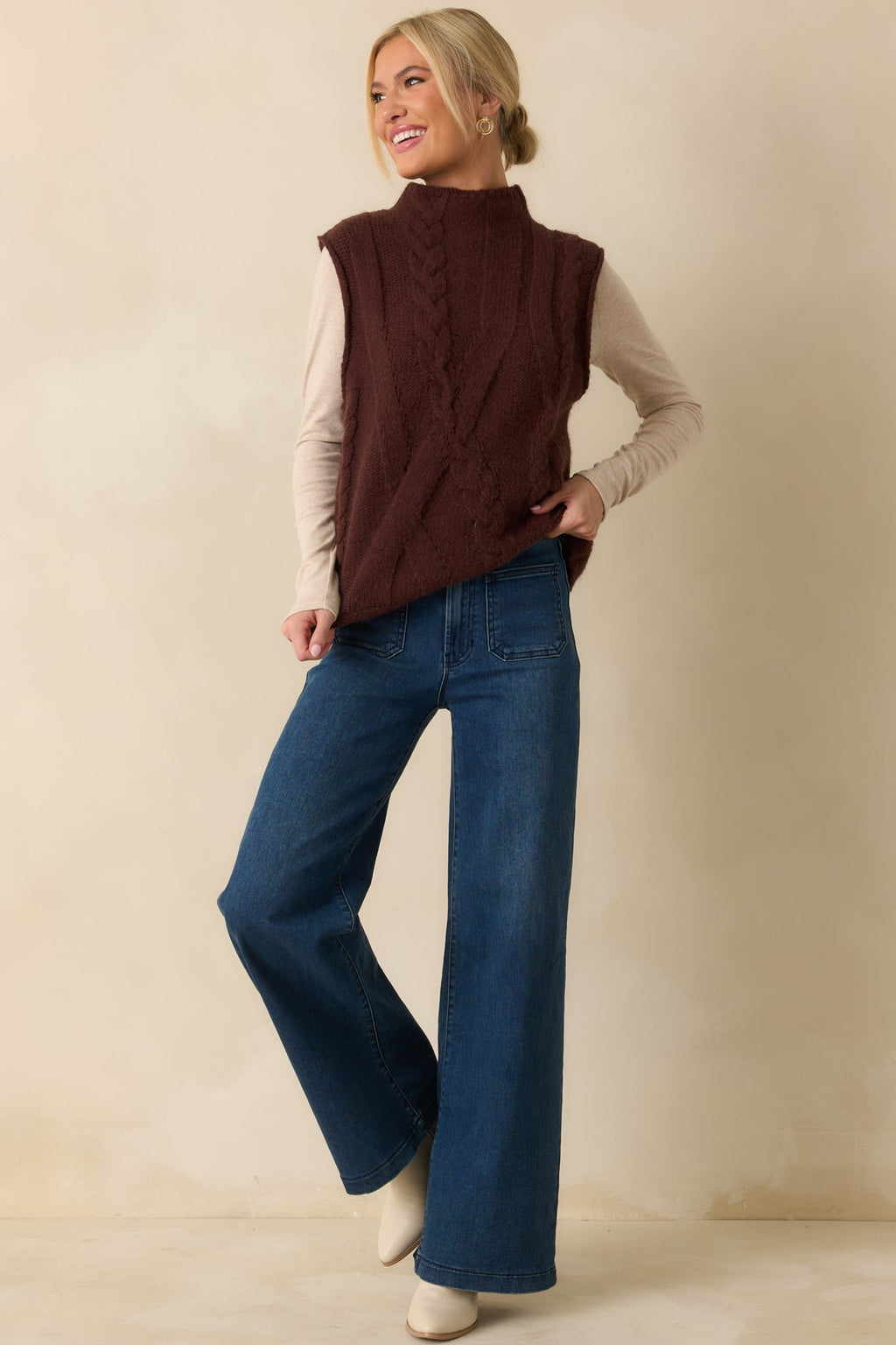 Cuddle Up Close Chocolate Brown Cable Knit Sweater Vest