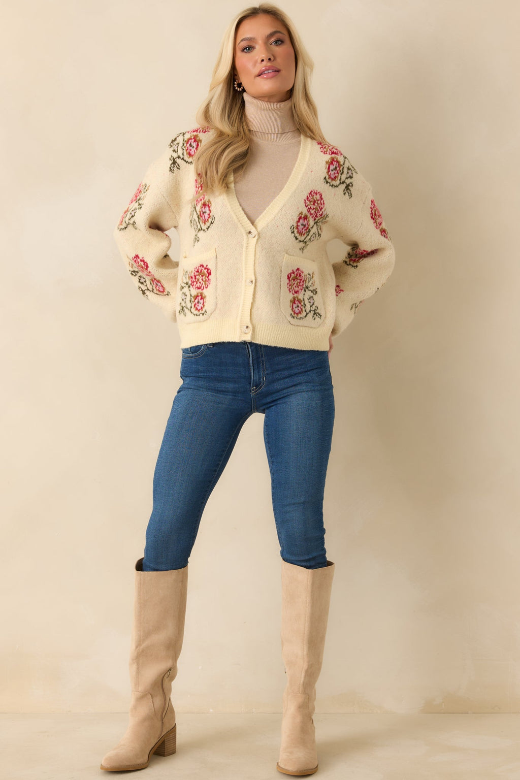 Garden Wishes Ivory Multi Knit Floral Button Up Cardigan Sweater