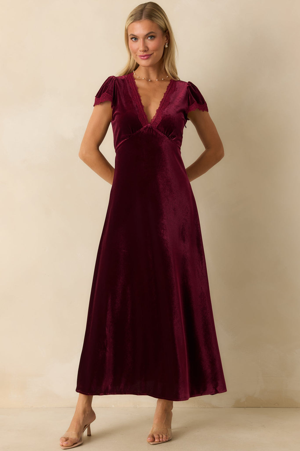 Made For The Moment Merlot V-Neck Velvet Maxi Dress