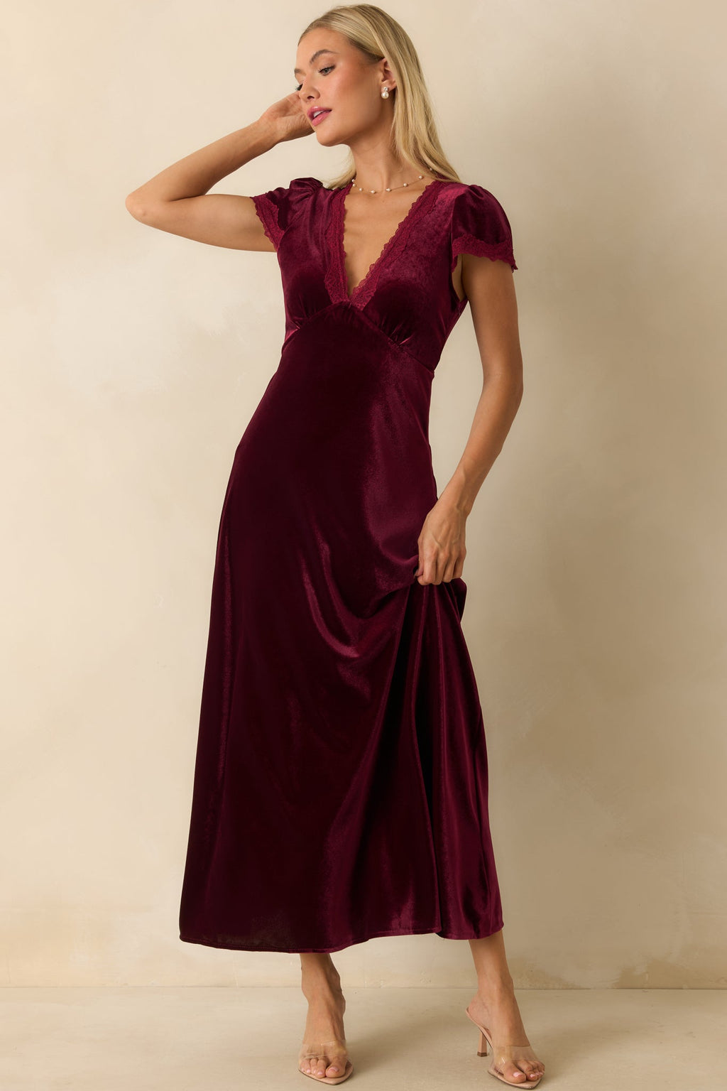 Made For The Moment Merlot V-Neck Velvet Maxi Dress