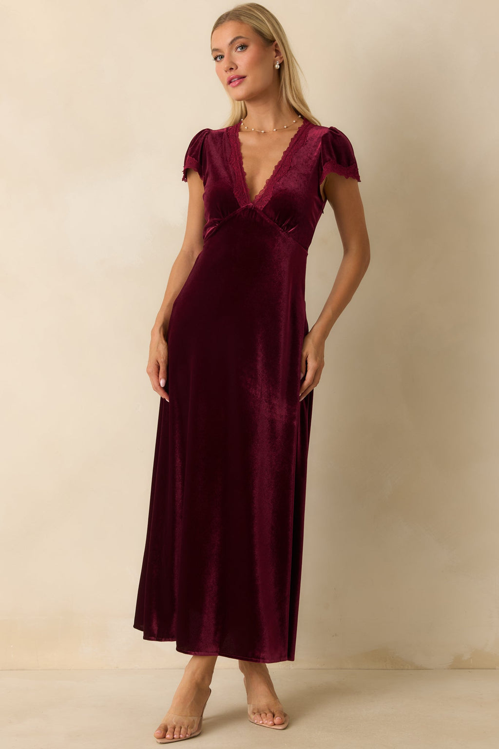 Made For The Moment Merlot V-Neck Velvet Maxi Dress